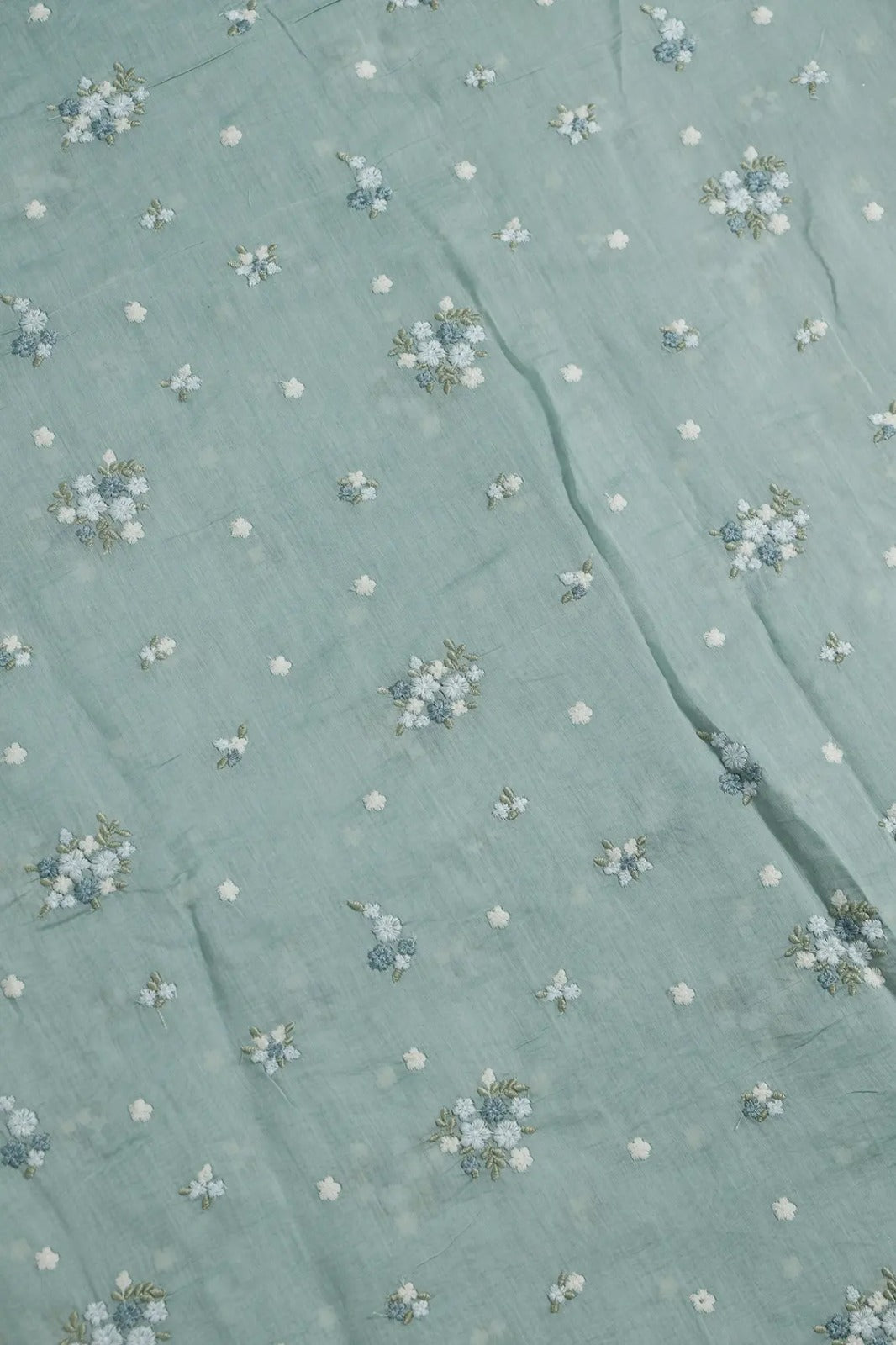 Beautiful Multi Thread Floral Embroidery Work On Sea Green Pure Mul Chanderi Silk Fabric