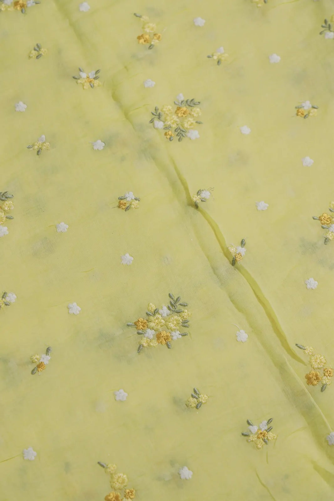 Beautiful Multi Thread Floral Embroidery Work On Yellow Pure Mul Chanderi Silk Fabric