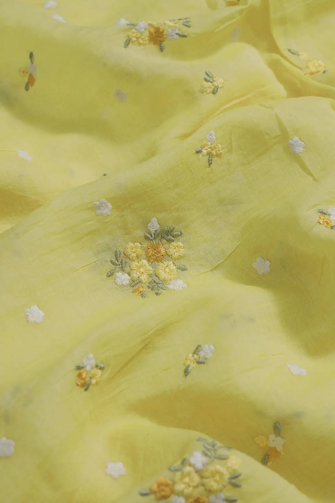 Beautiful Multi Thread Floral Embroidery Work On Yellow Pure Mul Chanderi Silk Fabric