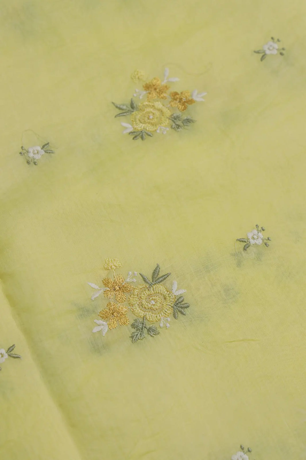 Beautiful Multi Thread Floral Embroidery Work On Yellow Pure Mul Chanderi Silk Fabric