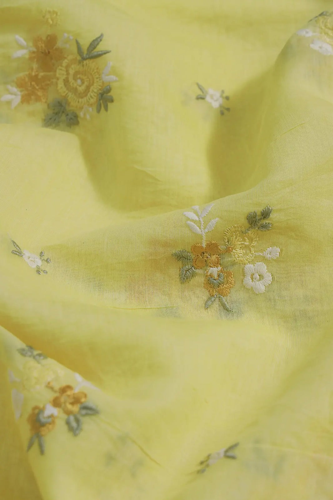 Beautiful Multi Thread Floral Embroidery Work On Yellow Pure Mul Chanderi Silk Fabric