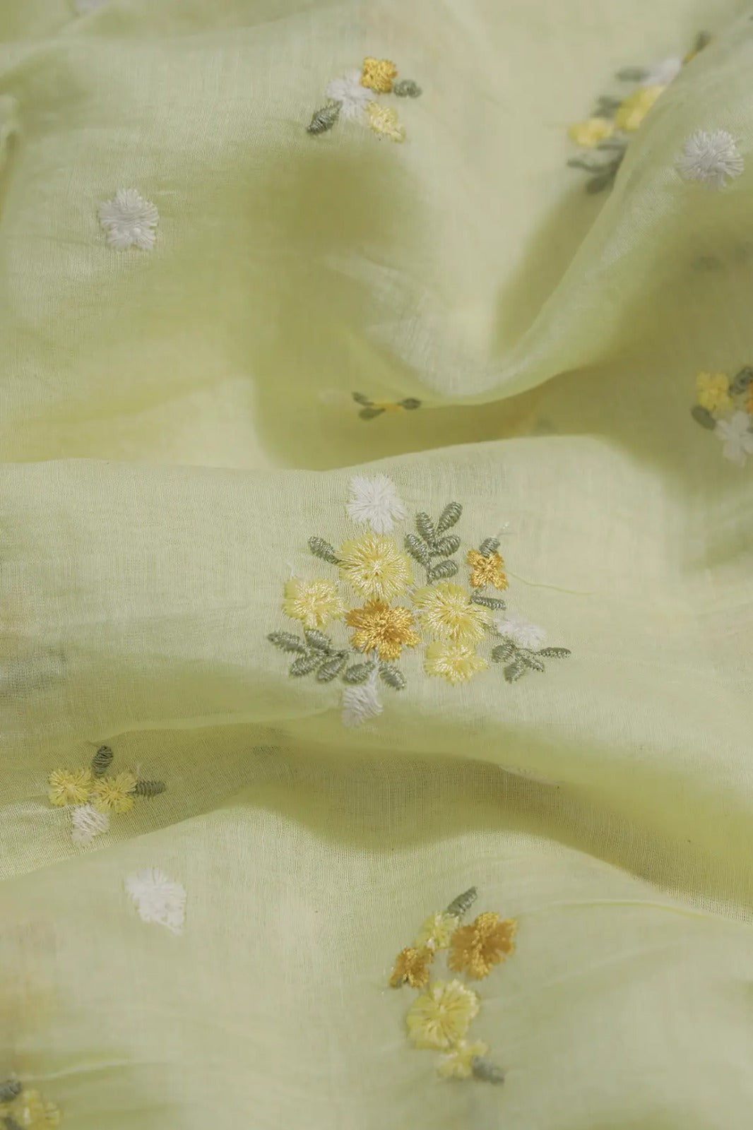 Beautiful Multi Thread Floral Embroidery Work On Butter Yellow Pure Mul Chanderi Silk Fabric