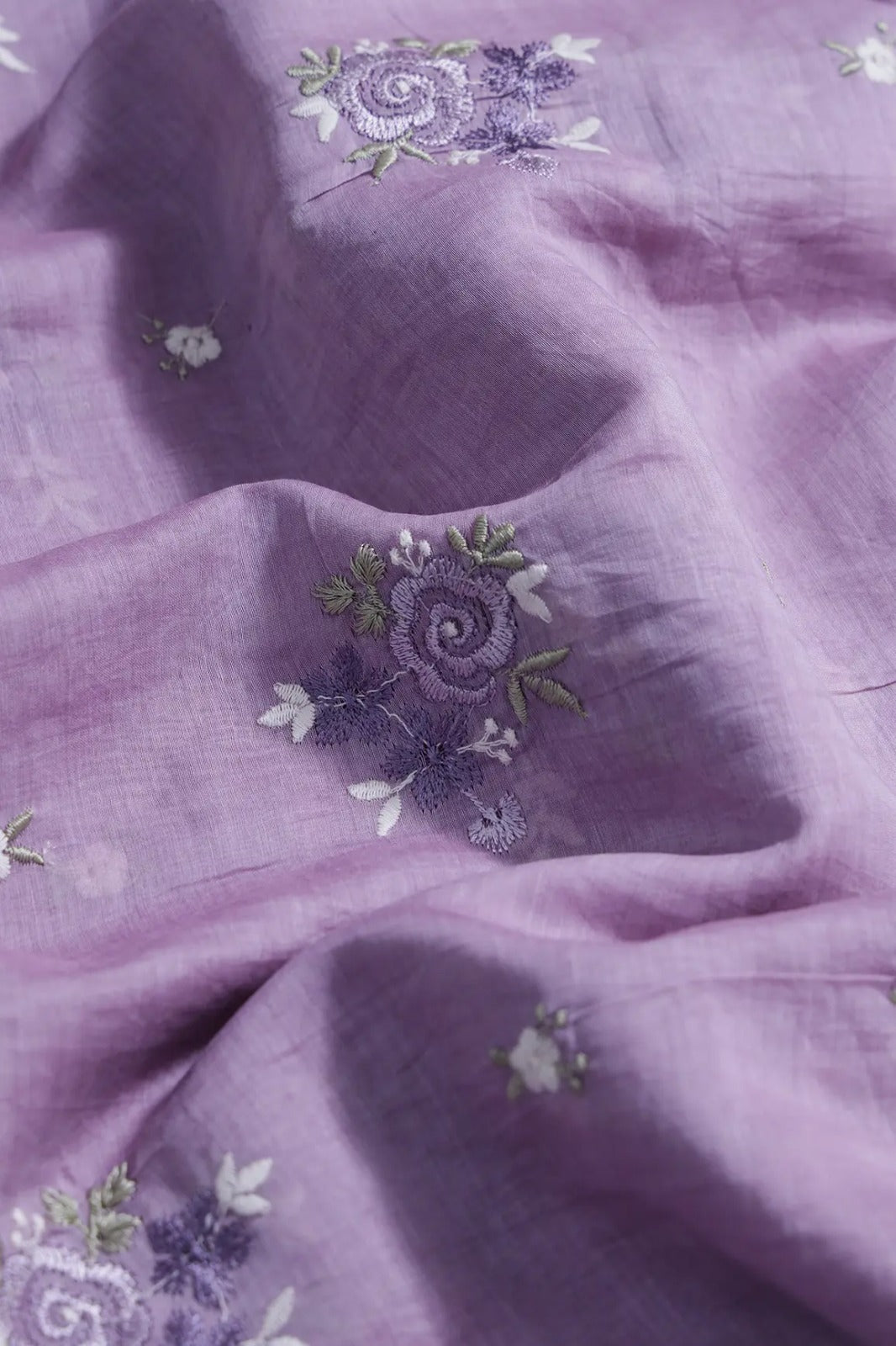 Beautiful Multi Thread Floral Embroidery Work On Lilac Pure Mul Chanderi Silk Fabric