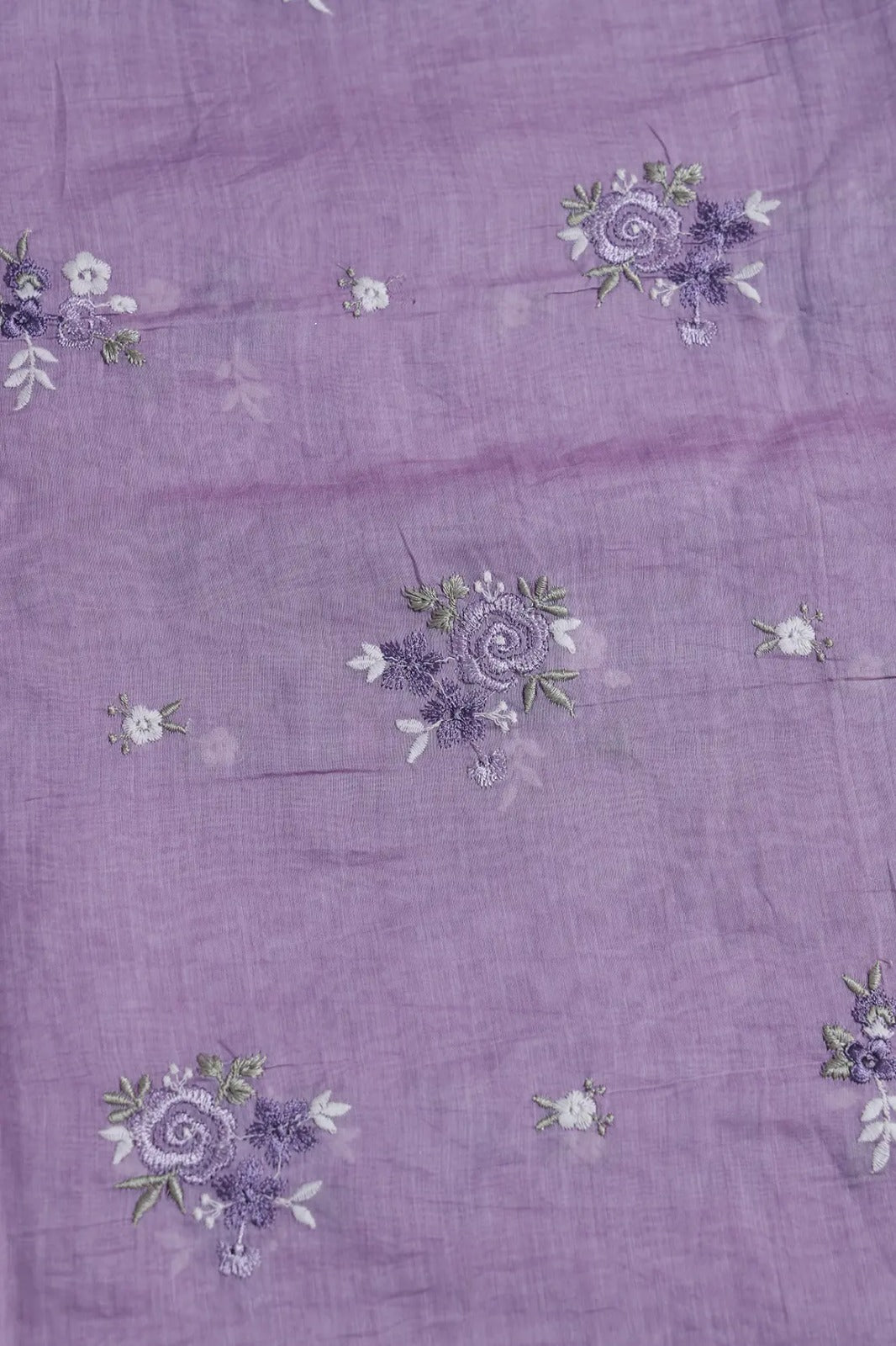 Beautiful Multi Thread Floral Embroidery Work On Lilac Pure Mul Chanderi Silk Fabric