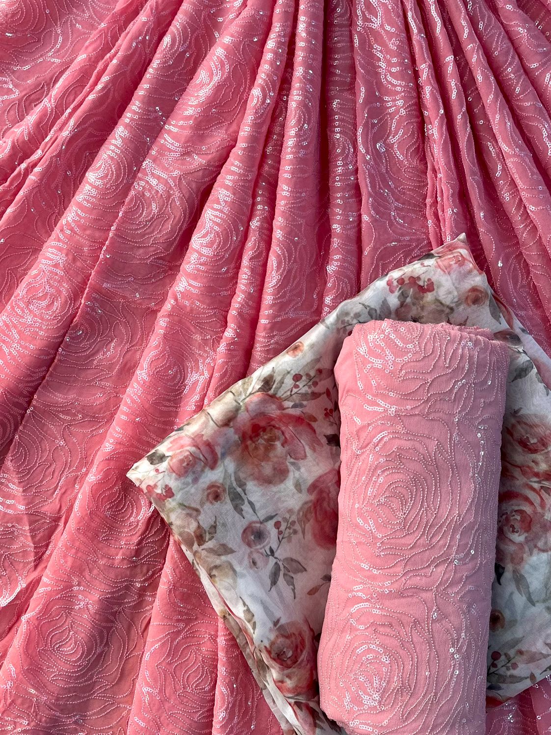 Thulian Pink and White Unstitched Lehenga Set Fabric (3 Piece)
