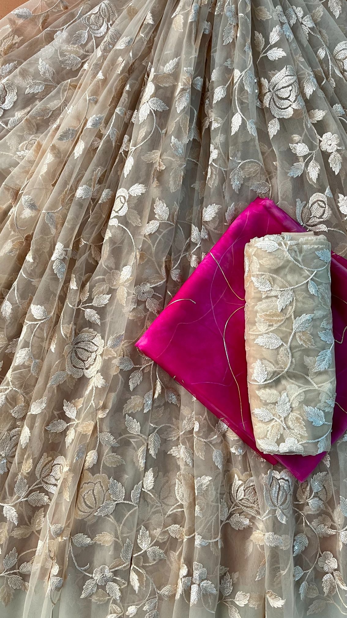Beige And Pink Unstitched Lehenga Set Fabric (3 Piece)