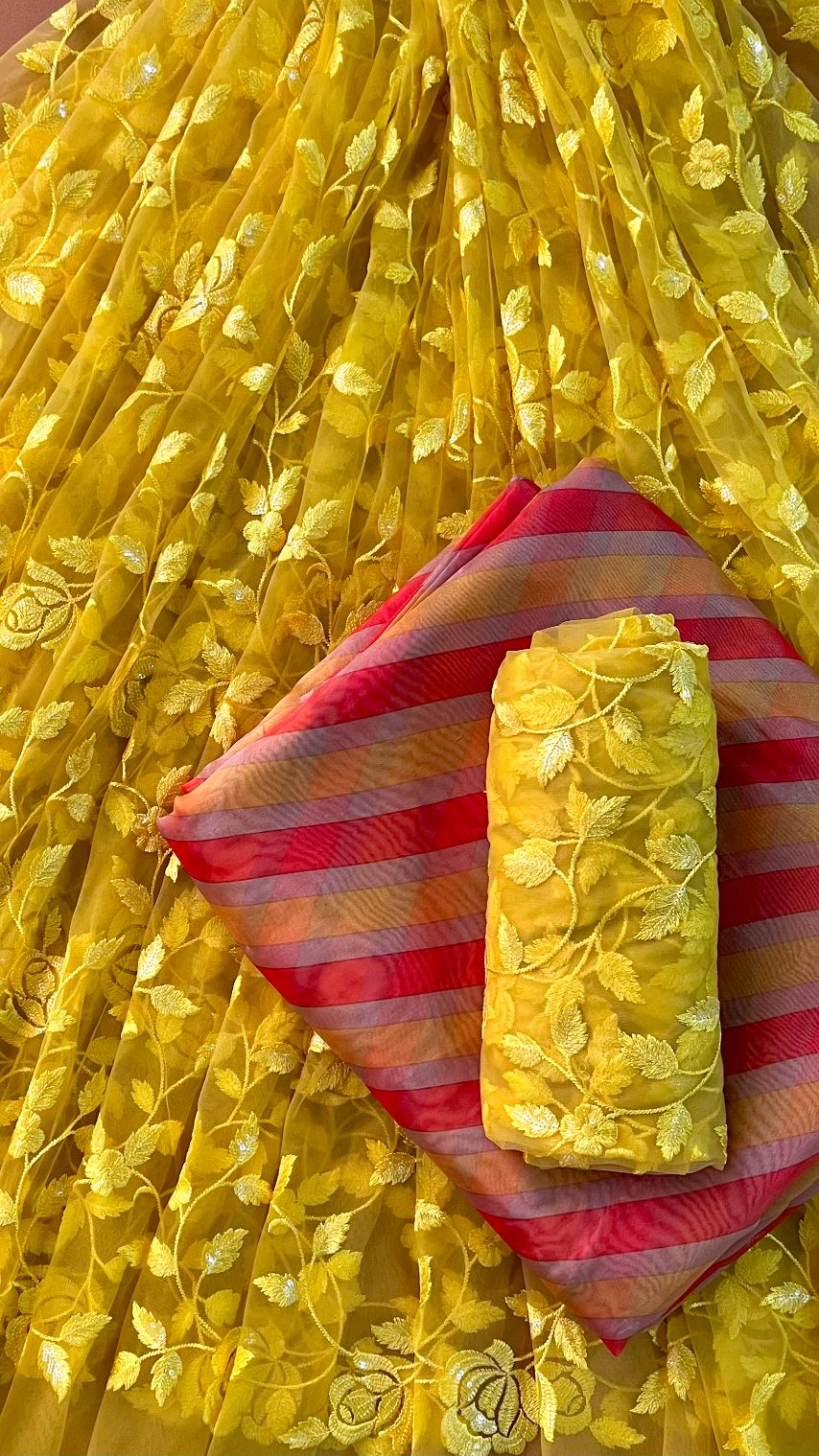 Mustard Yellow And Orange Unstitched Lehenga Set Fabric (3 Piece)