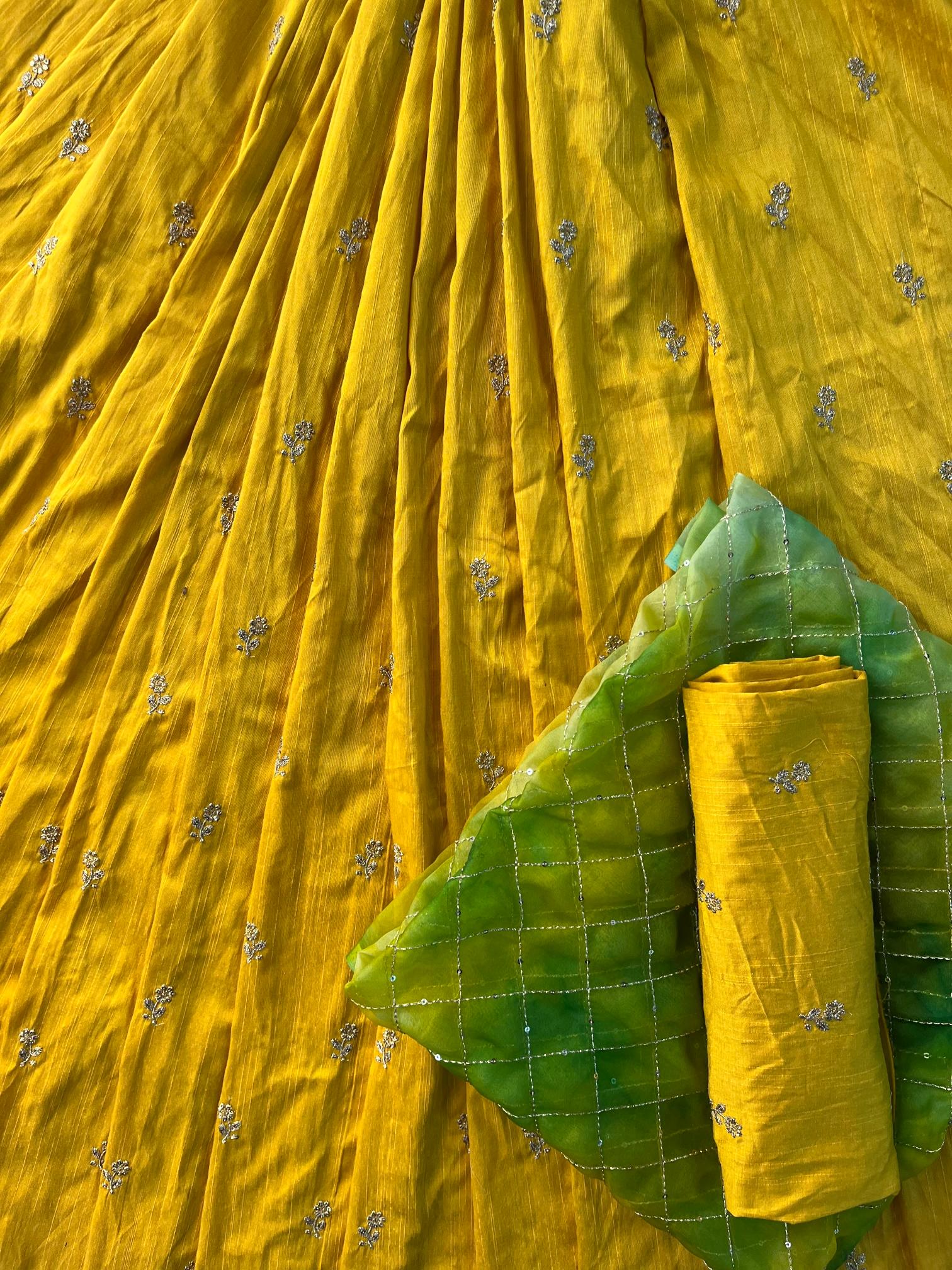 Yellow And Green Unstitched Lehenga Set Fabric (3 Piece)