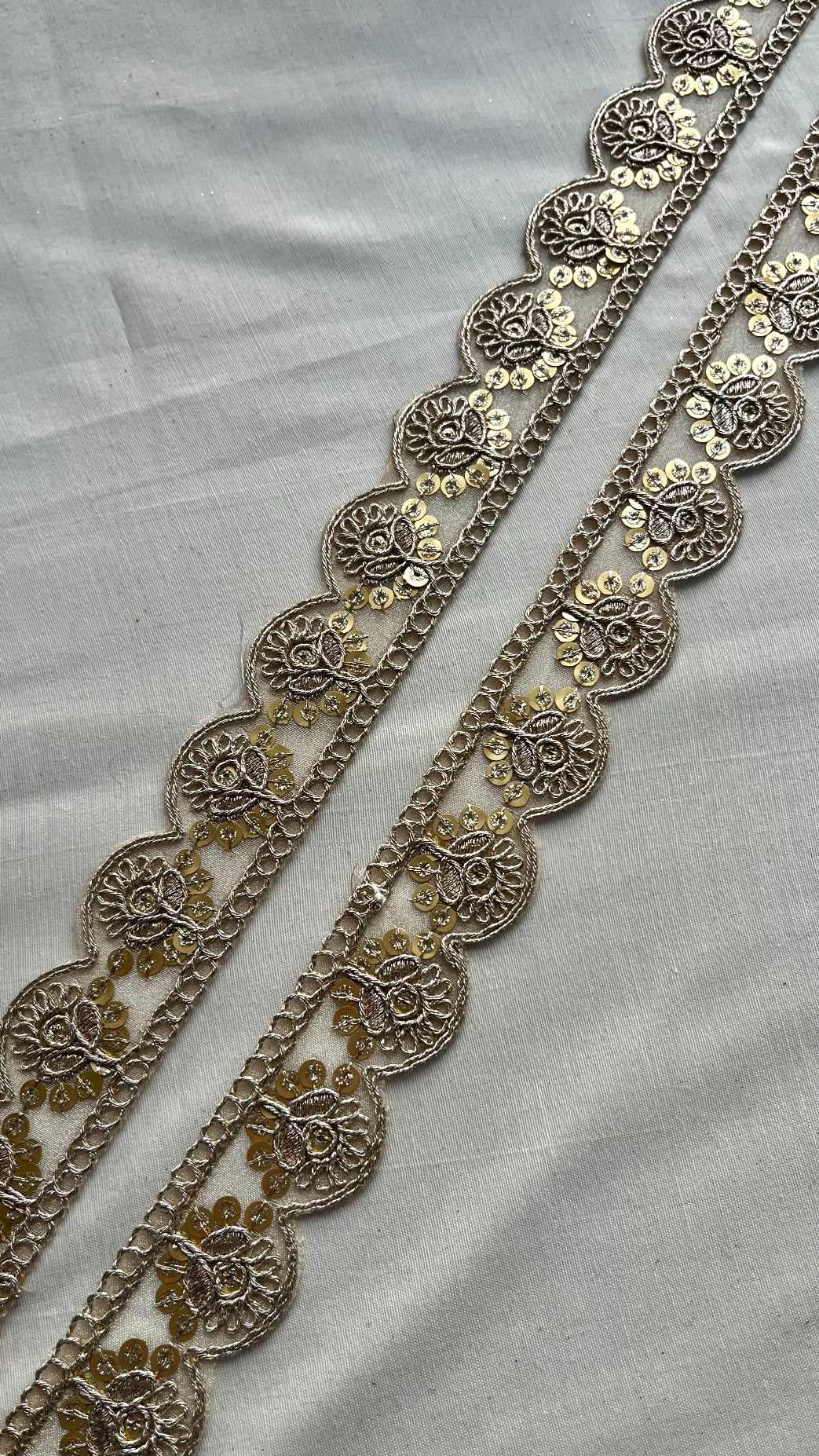 Floral Zari Work With Gold Sequins Embroidered Scallop Lace (9 Meters)