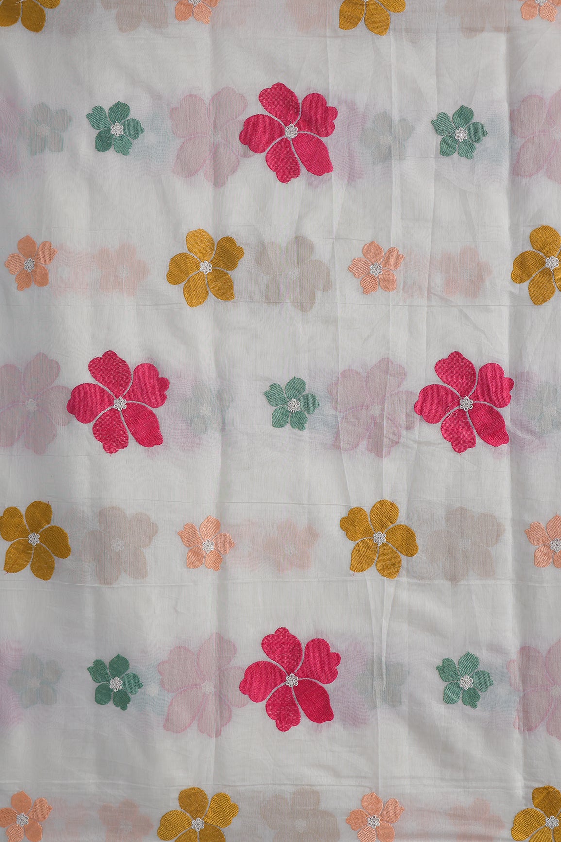 Multi Thread Flower Embroidery On White Pure Mul Chanderi Silk Fabric