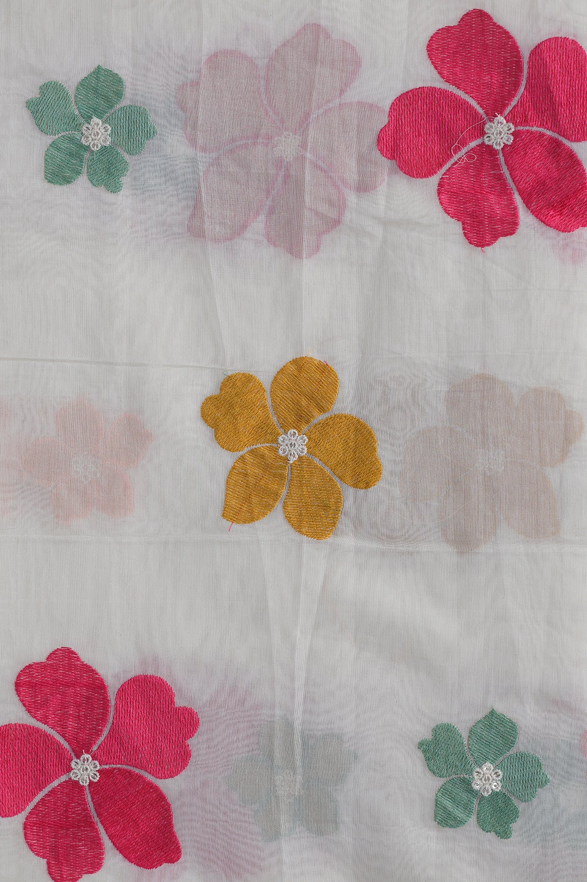 Multi Thread Flower Embroidery On White Pure Mul Chanderi Silk Fabric