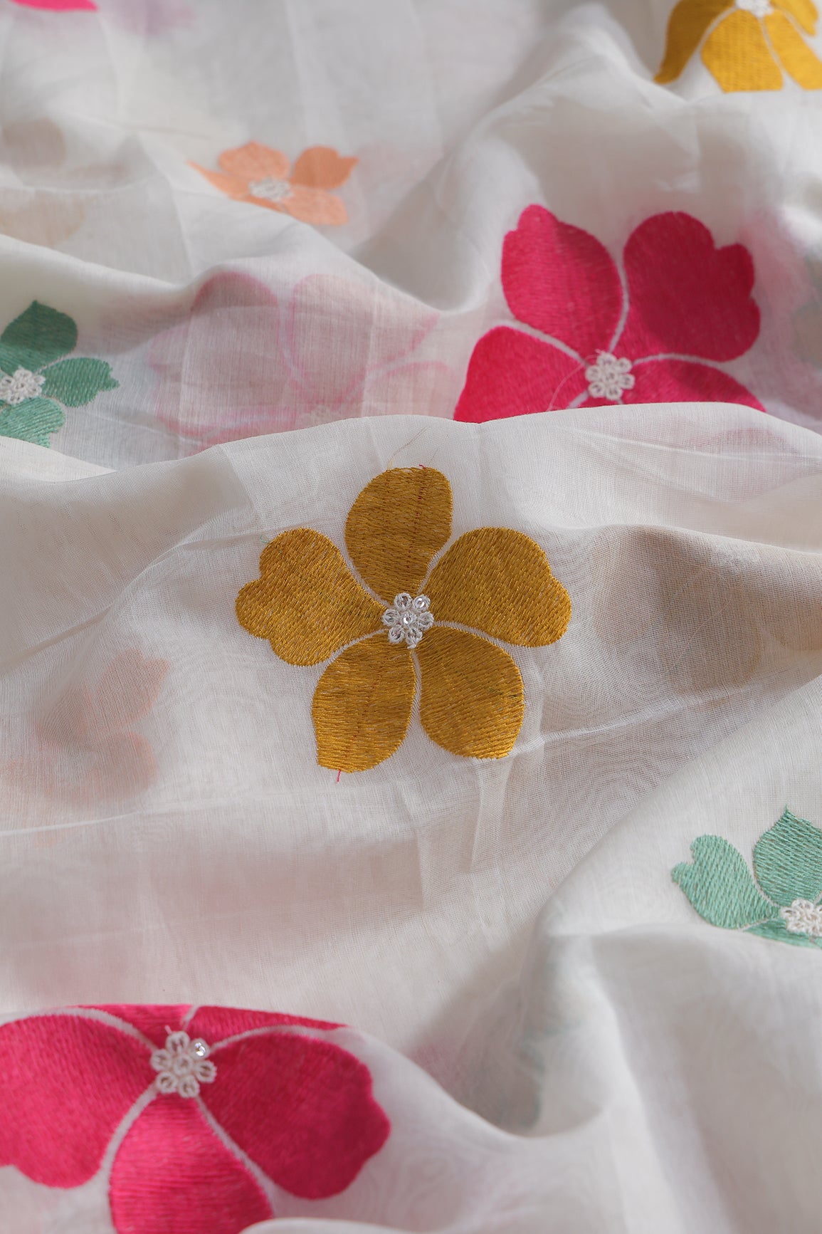 Multi Thread Flower Embroidery On White Pure Mul Chanderi Silk Fabric
