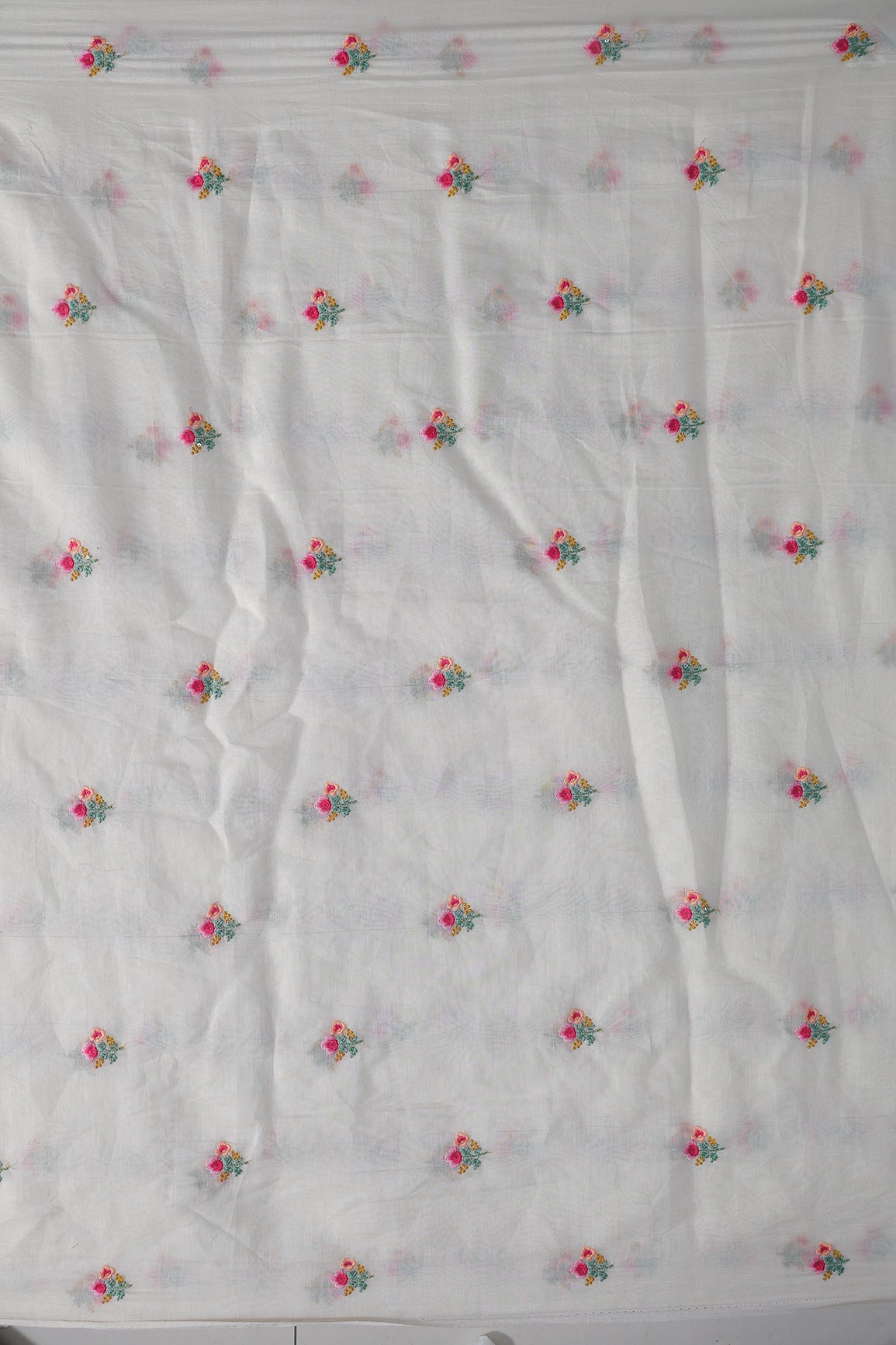 Multi Thread Flower Embroidery On White Pure Mul Chanderi Silk Fabric