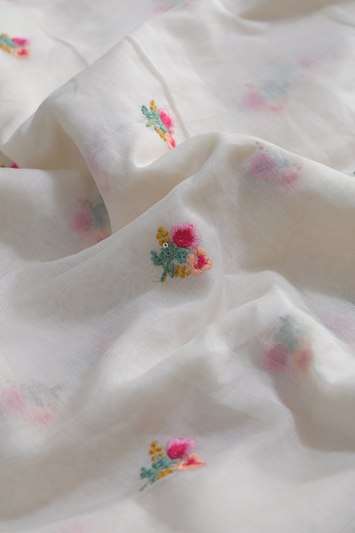 Multi Thread Flower Embroidery On White Pure Mul Chanderi Silk Fabric