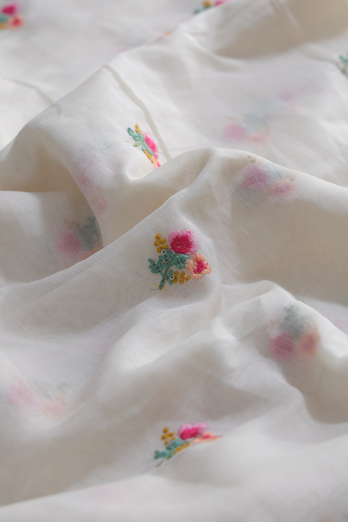Multi Thread Flower Embroidery On White Pure Mul Chanderi Silk Fabric