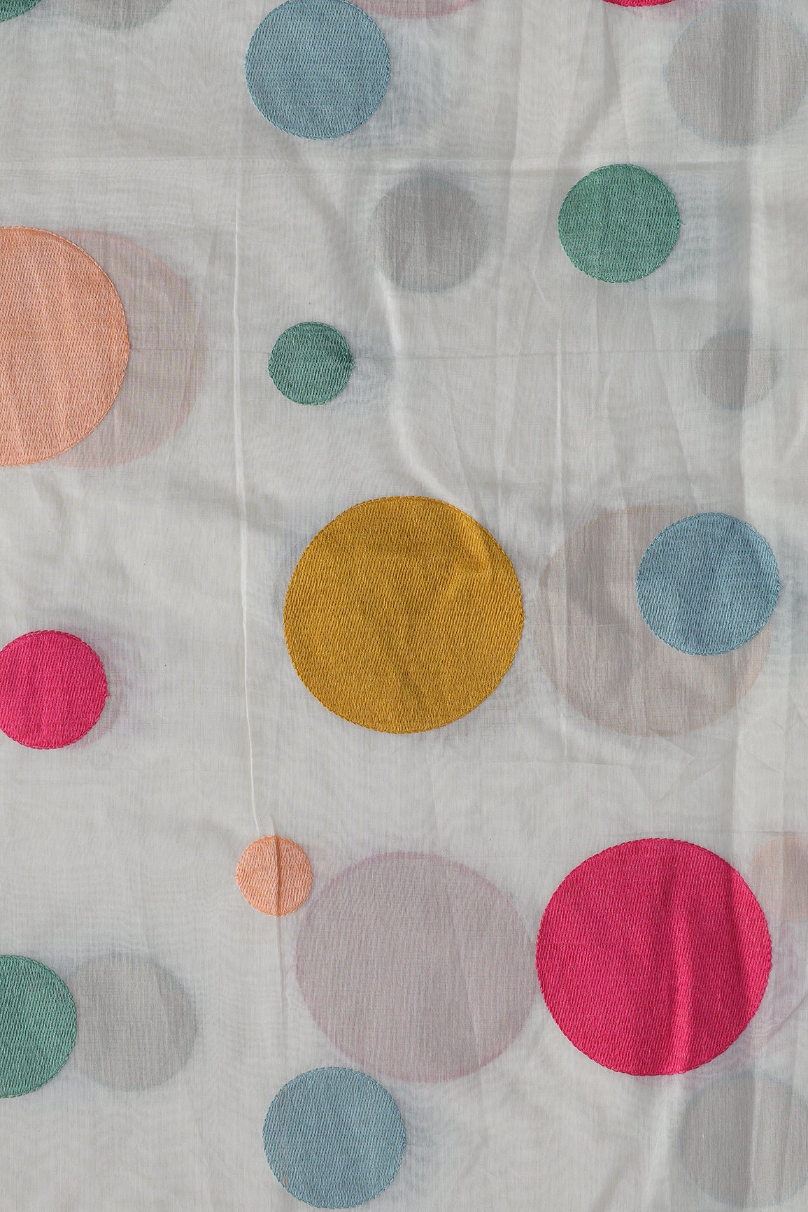 Multi Thread Circle Embroidery On White Pure Mul Chanderi Silk Fabric