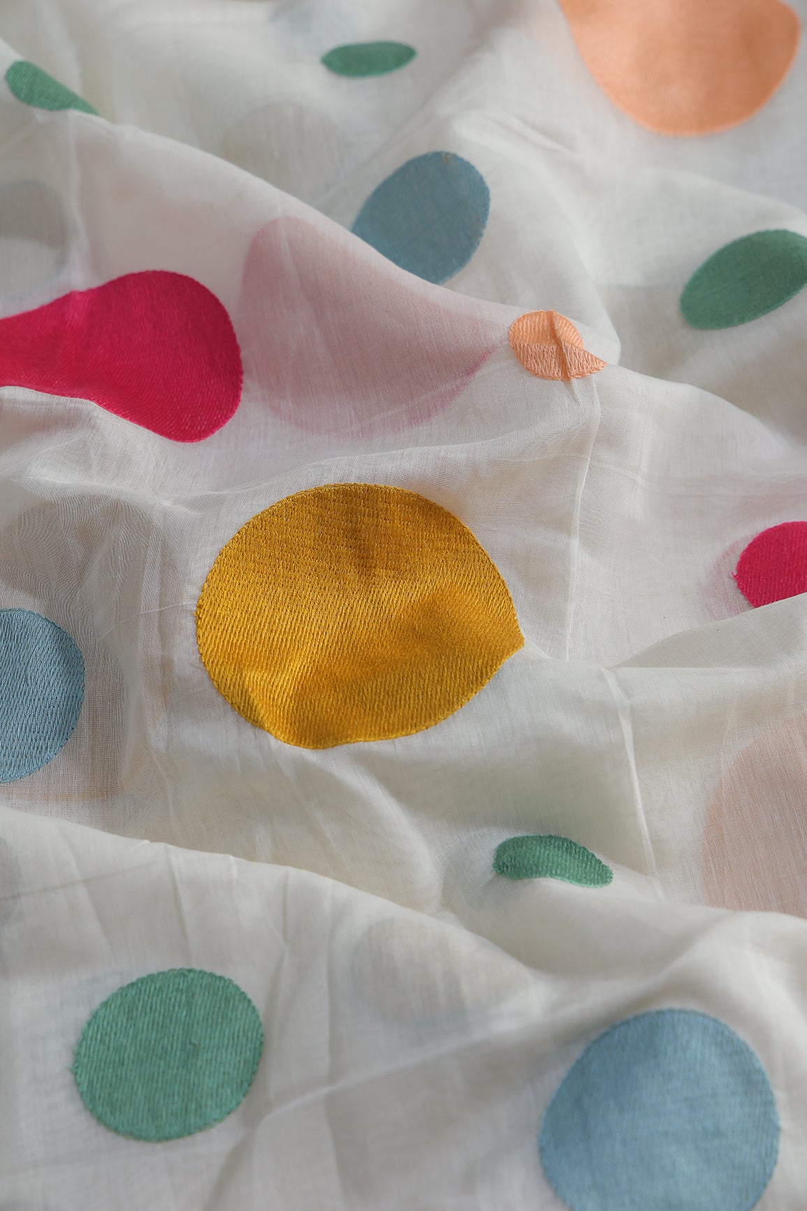 Multi Thread Circle Embroidery On White Pure Mul Chanderi Silk Fabric