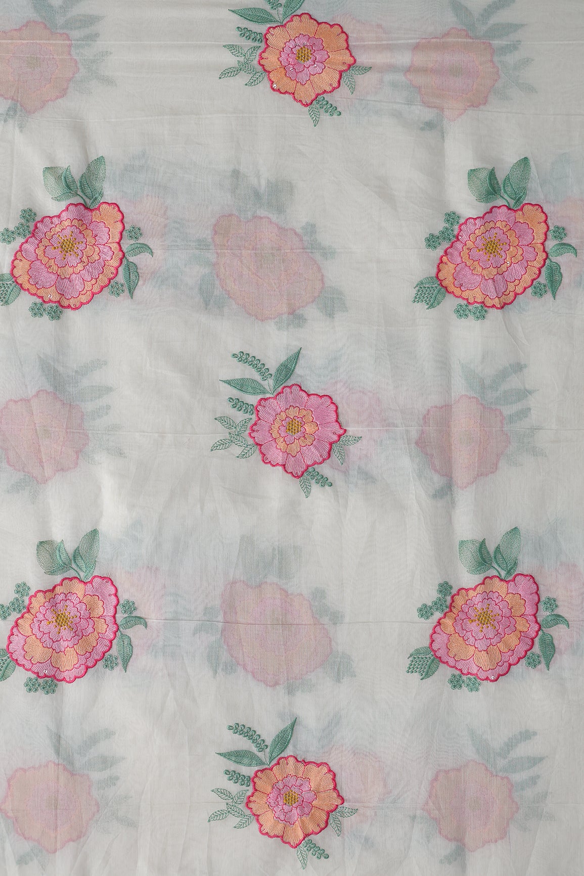 Multi Thread Big Flower Embroidery On White Pure Mul Chanderi Silk Fabric