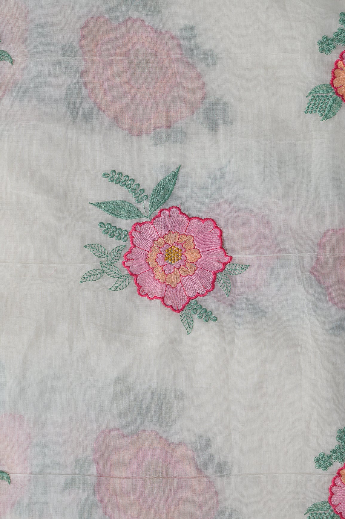 Multi Thread Big Flower Embroidery On White Pure Mul Chanderi Silk Fabric