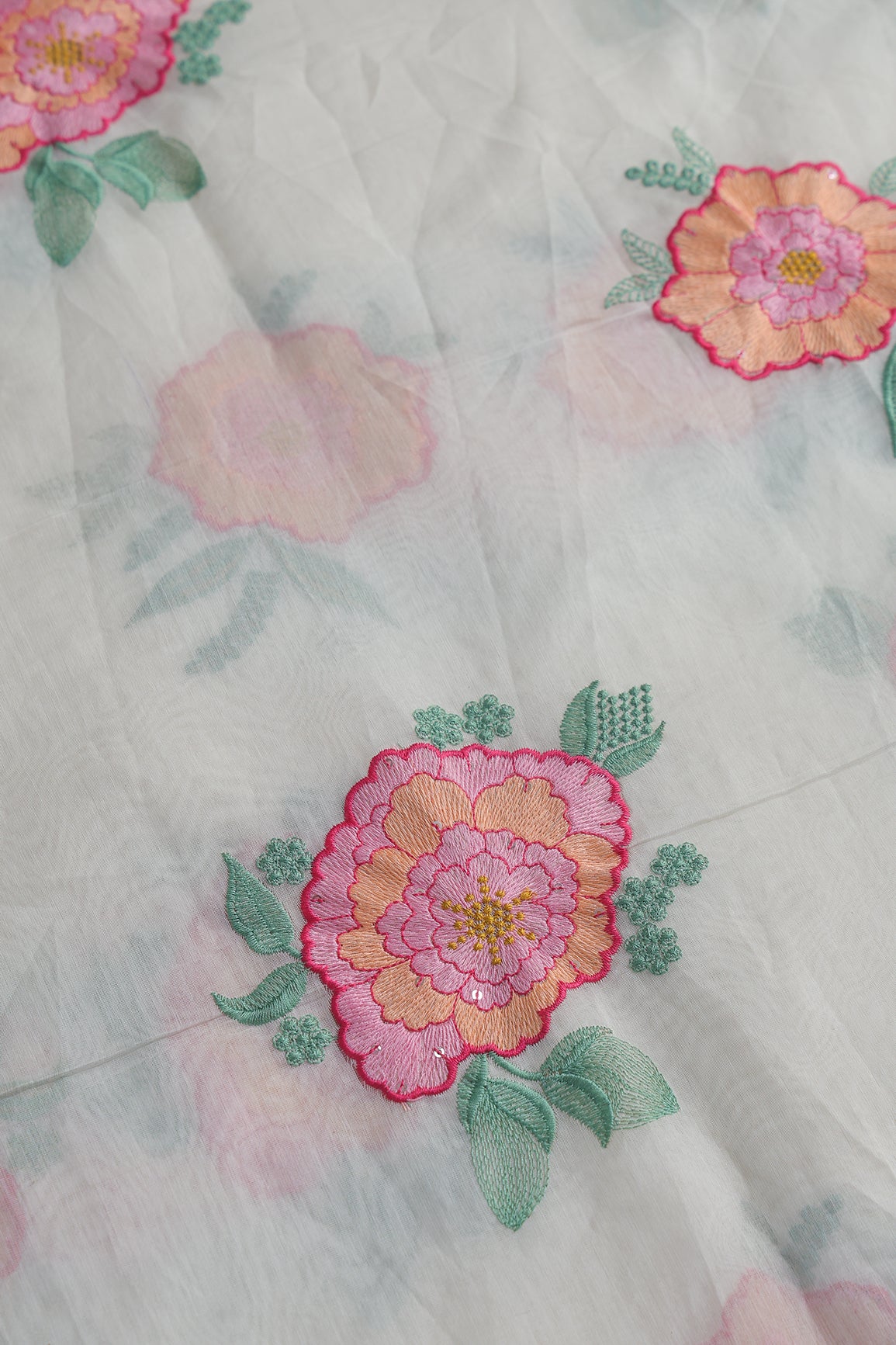 Multi Thread Big Flower Embroidery On White Pure Mul Chanderi Silk Fabric