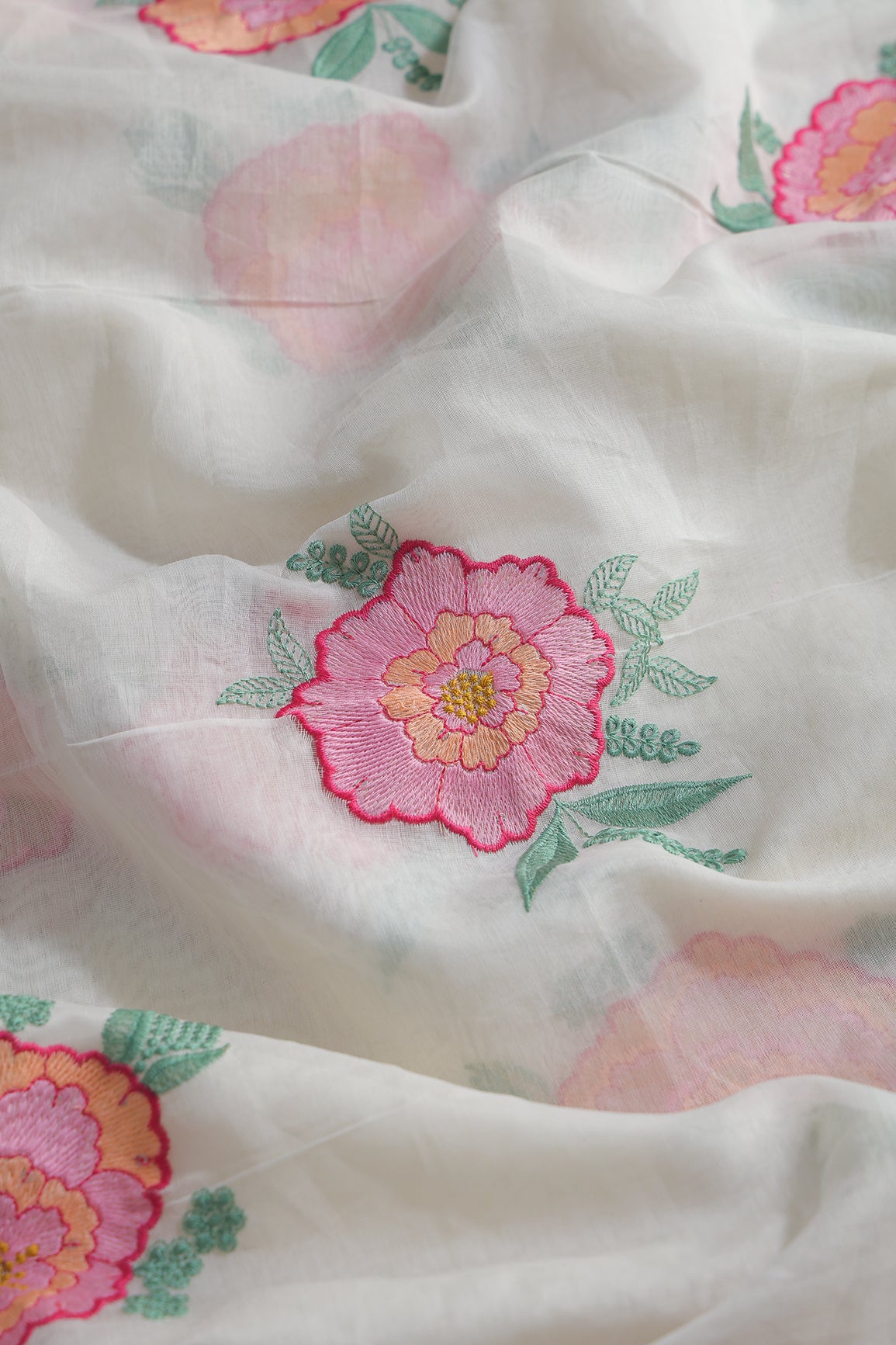 Multi Thread Big Flower Embroidery On White Pure Mul Chanderi Silk Fabric