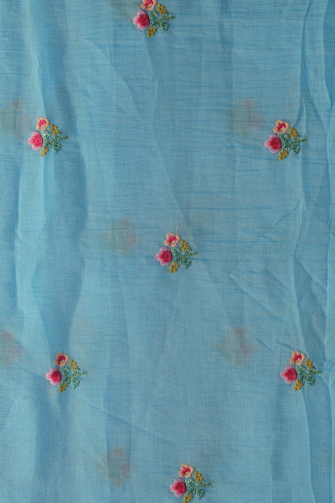 Multi Thread Flower Embroidery On Sky Blue Pure Mul Chanderi Silk Fabric