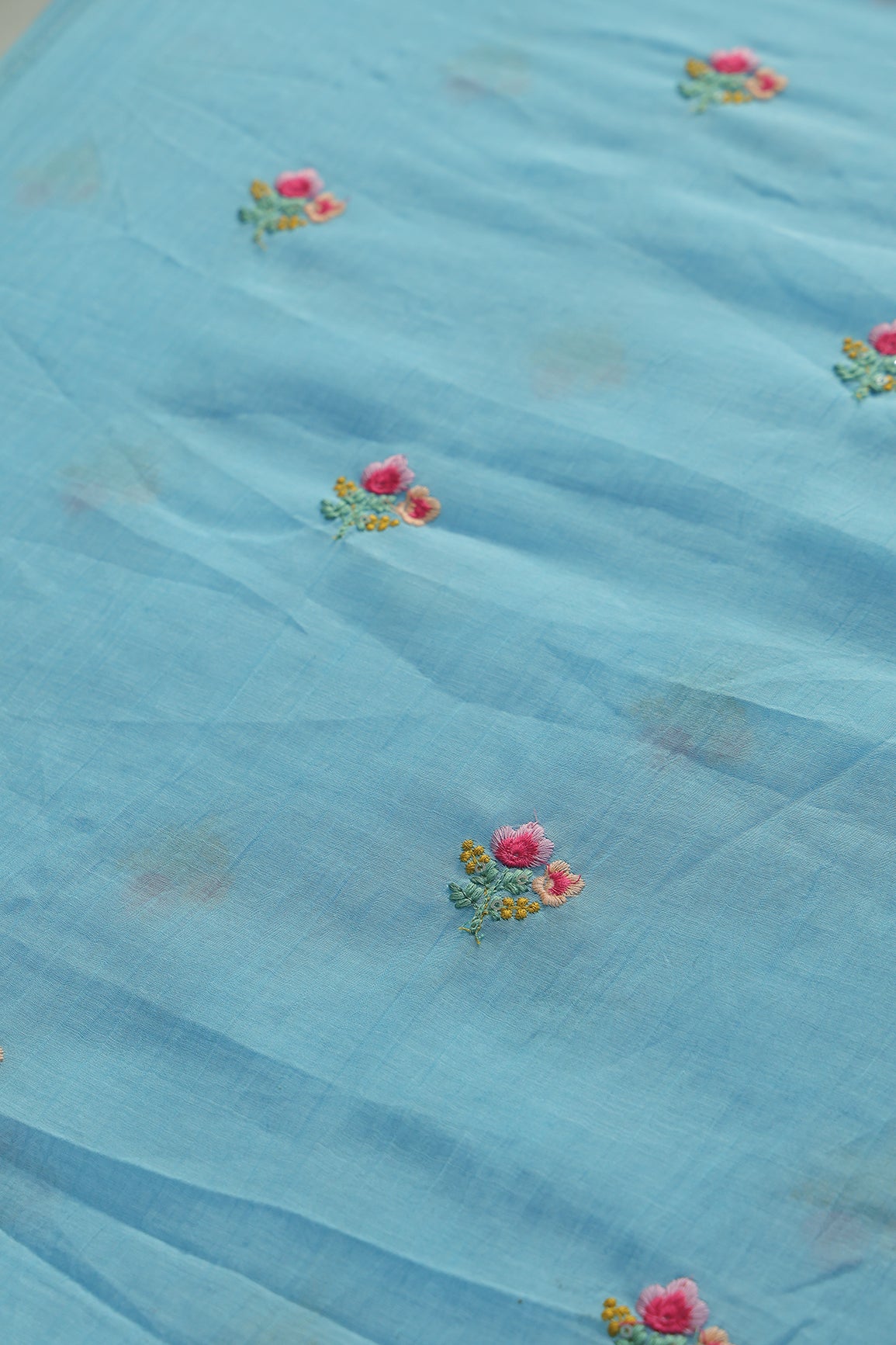 Multi Thread Flower Embroidery On Sky Blue Pure Mul Chanderi Silk Fabric