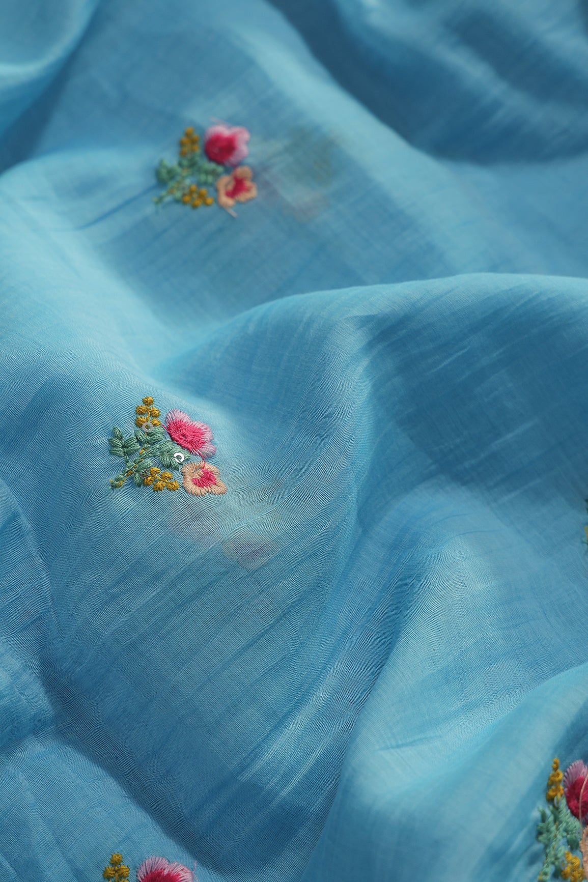 Multi Thread Flower Embroidery On Sky Blue Pure Mul Chanderi Silk Fabric