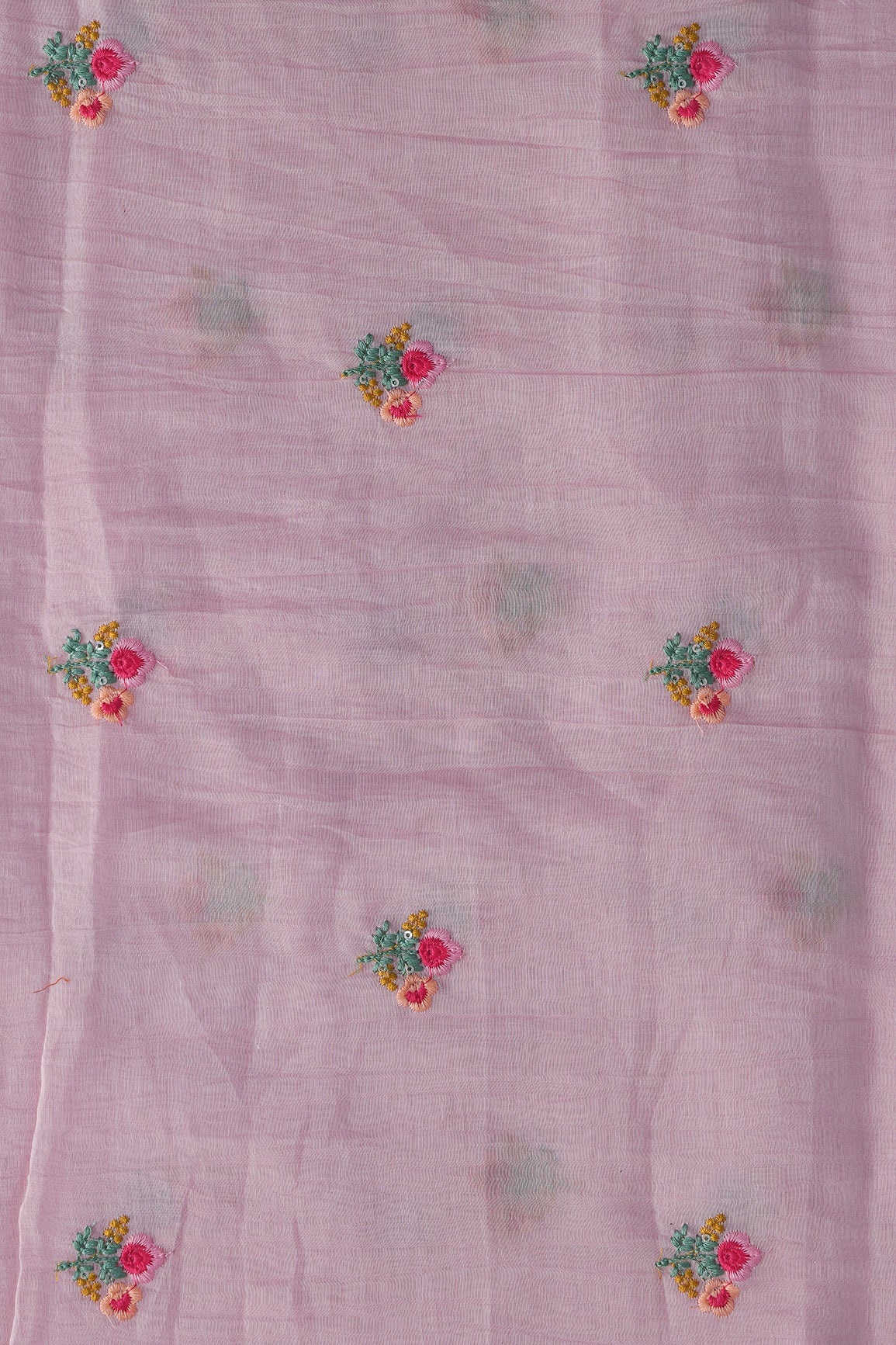 Multi Thread Flower Embroidery On Pink Pure Mul Chanderi Silk Fabric