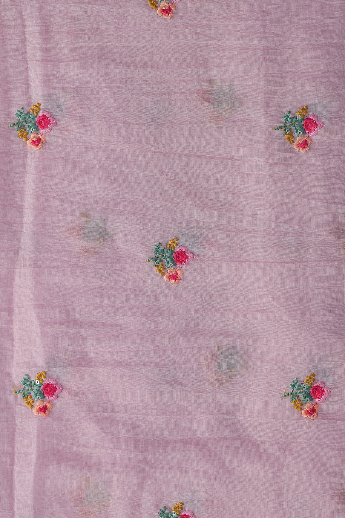 Multi Thread Flower Embroidery On Pink Pure Mul Chanderi Silk Fabric