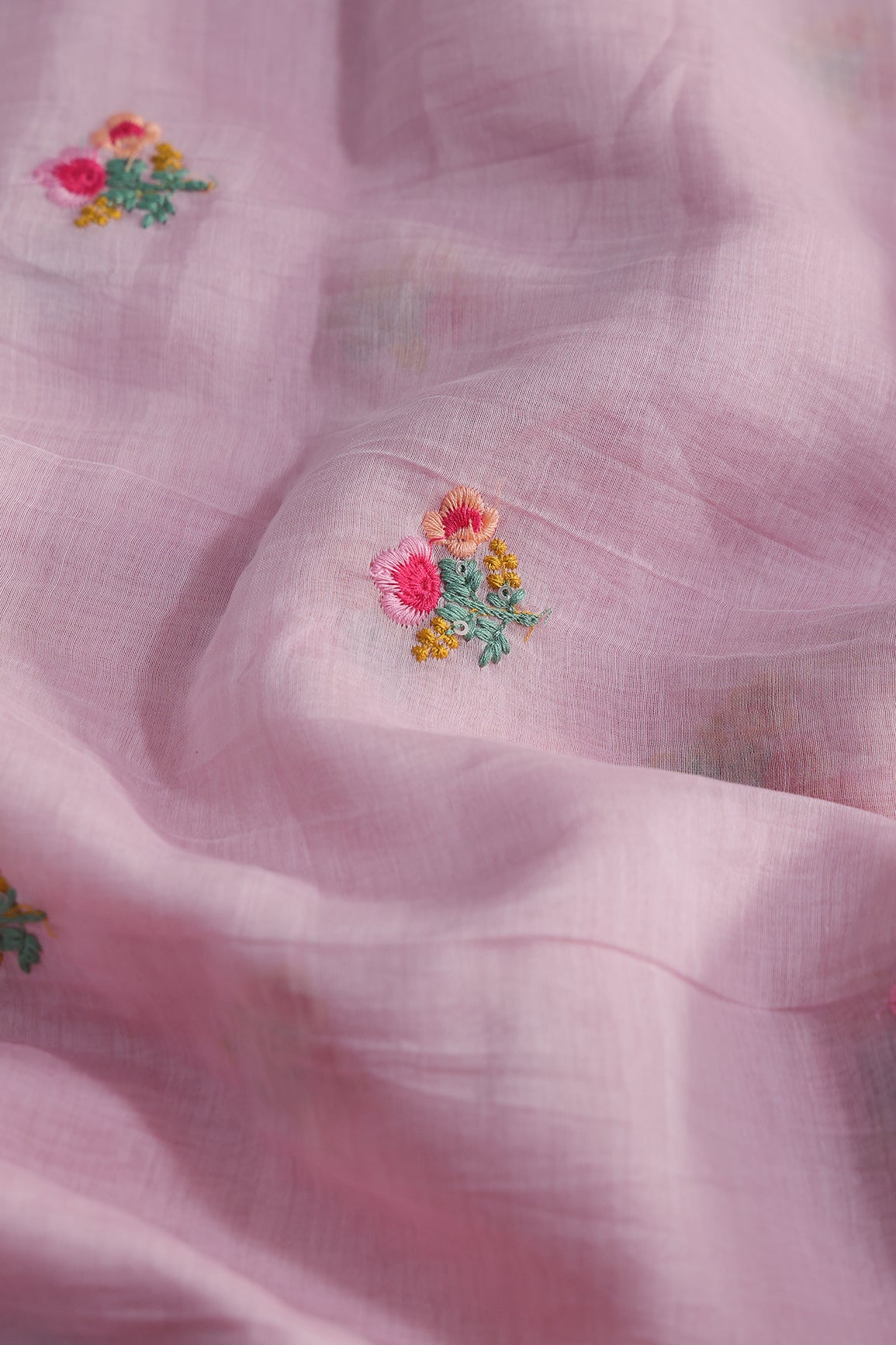 Multi Thread Flower Embroidery On Pink Pure Mul Chanderi Silk Fabric