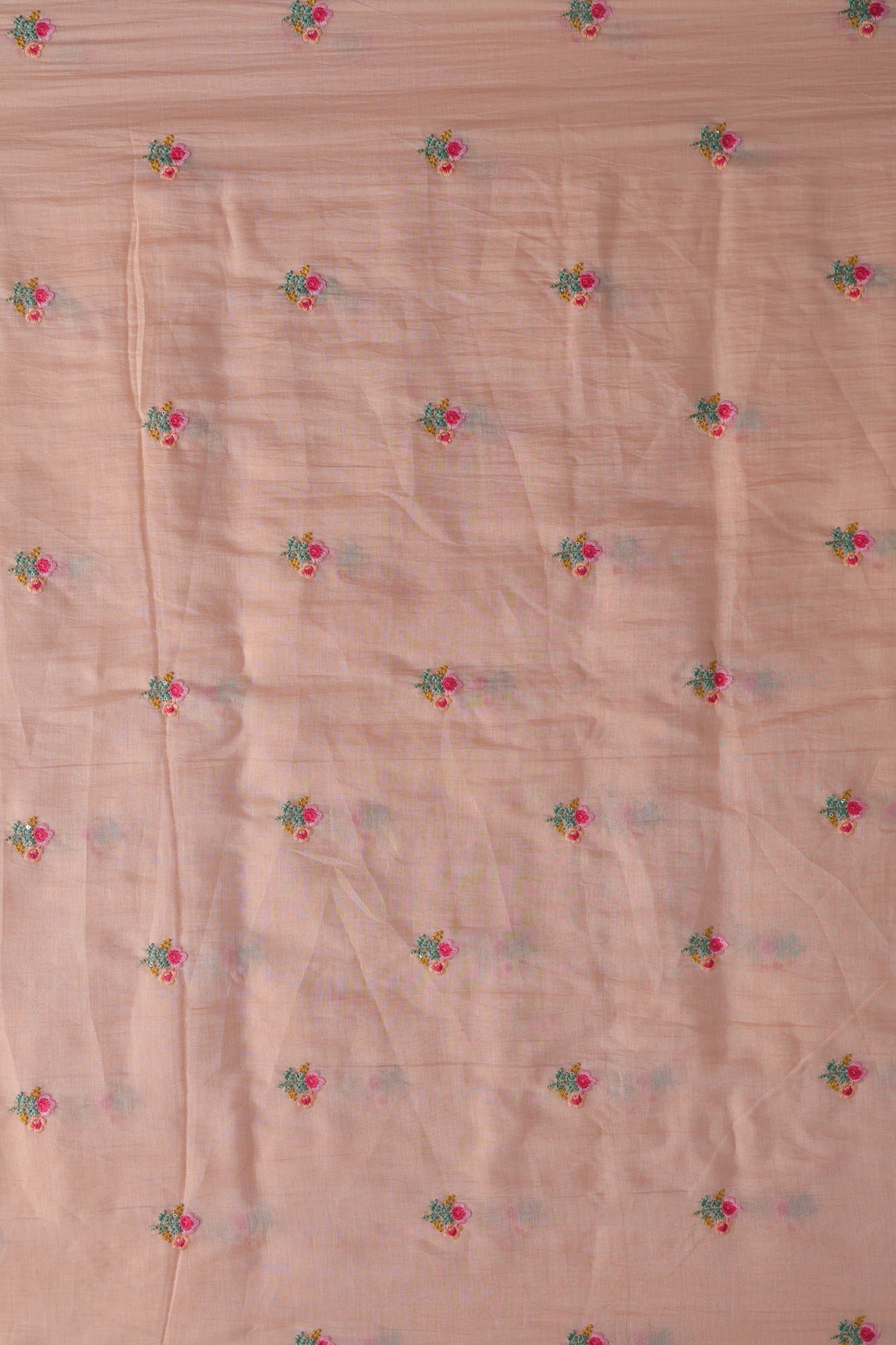 Multi Thread Flower Embroidery On Peach Pure Mul Chanderi Silk Fabric