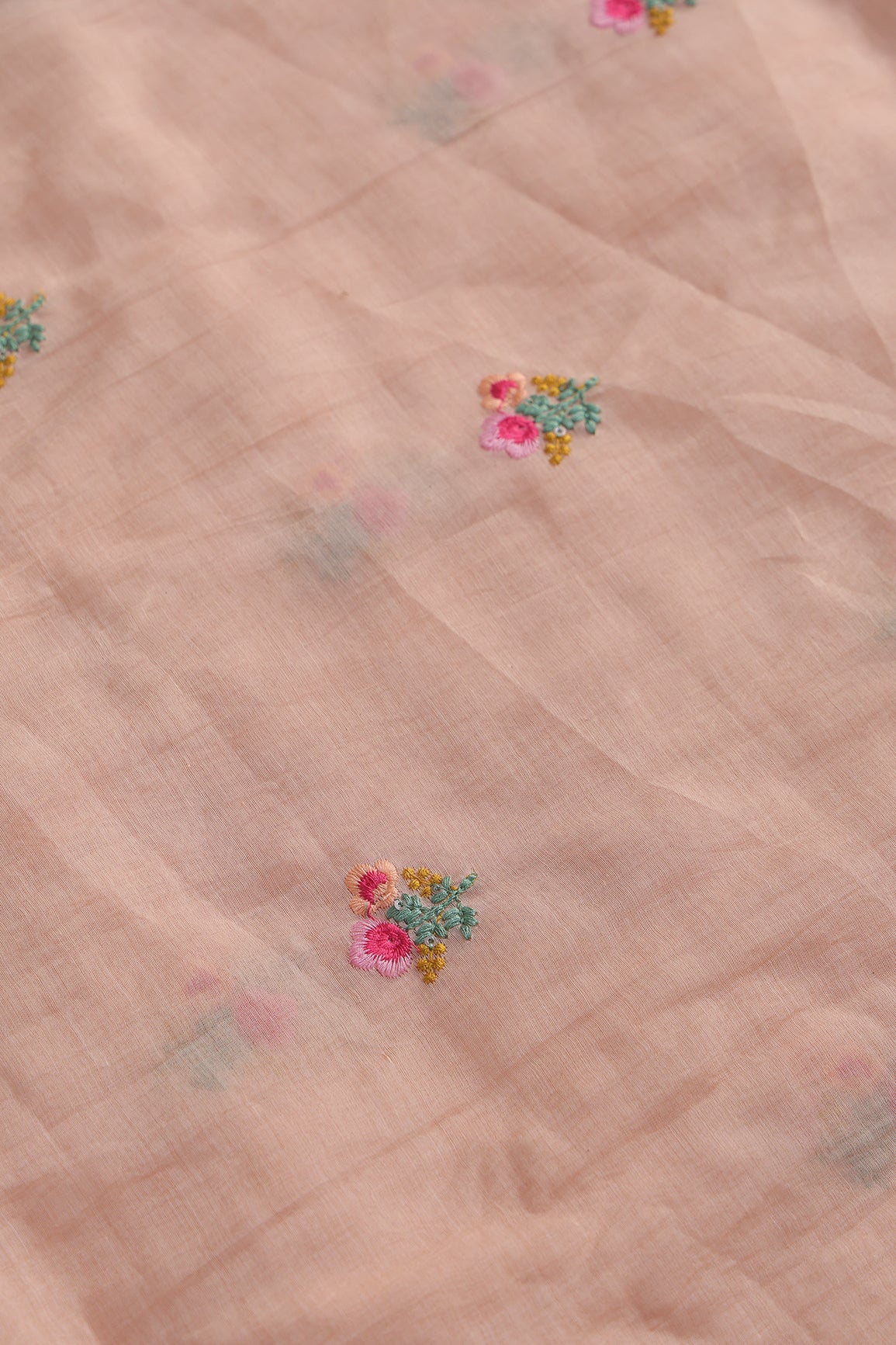 Multi Thread Flower Embroidery On Peach Pure Mul Chanderi Silk Fabric