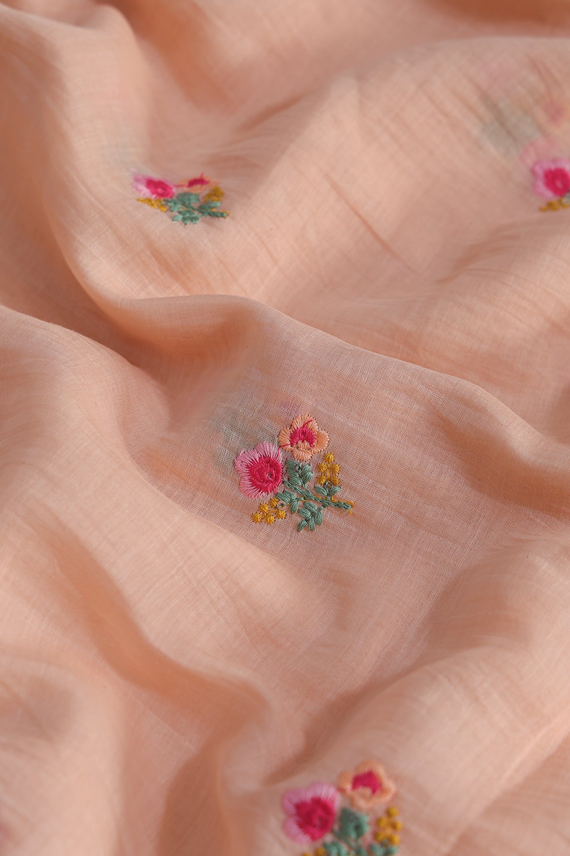 Multi Thread Flower Embroidery On Peach Pure Mul Chanderi Silk Fabric