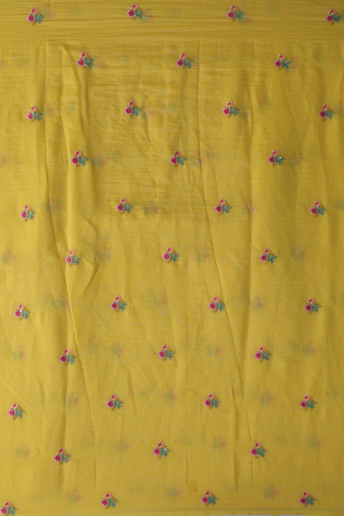 Multi Thread Flower Embroidery On Yellow Pure Mul Chanderi Silk Fabric