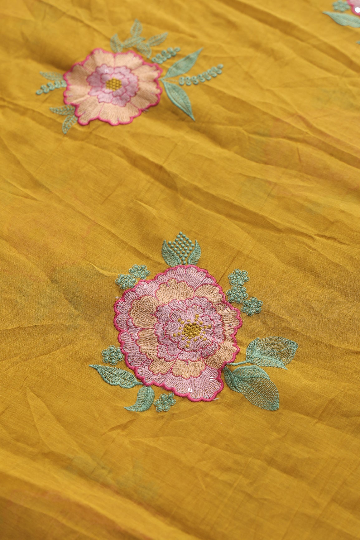 Multi Thread Big Flower Embroidery On Mustard Pure Mul Chanderi Silk Fabric