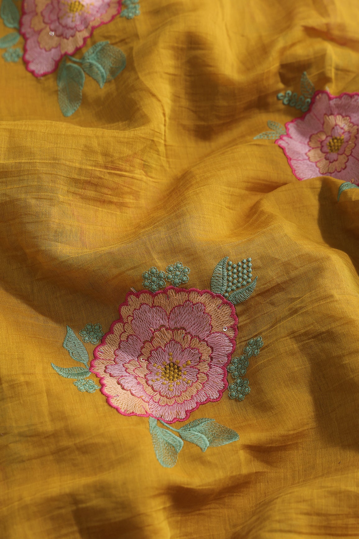 Multi Thread Big Flower Embroidery On Mustard Pure Mul Chanderi Silk Fabric