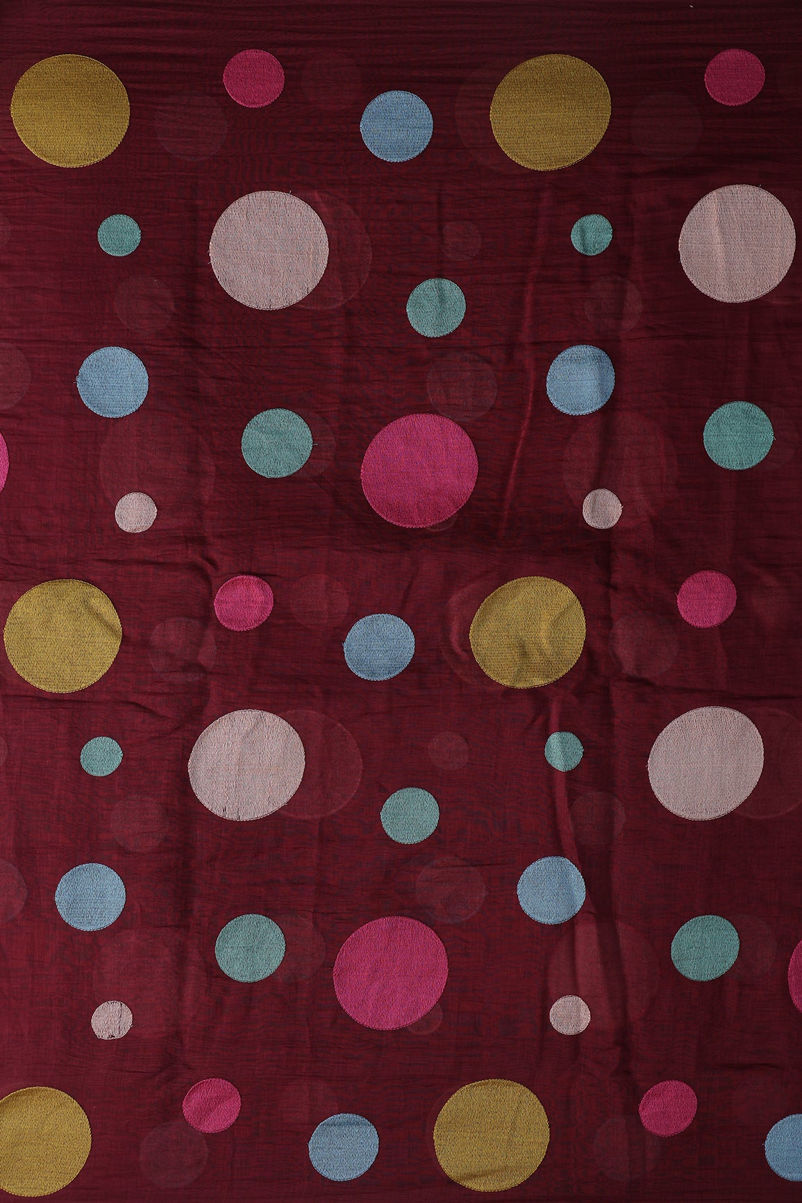 Multi Thread Circle Embroidery On Maroon Pure Mul Chanderi Silk Fabric