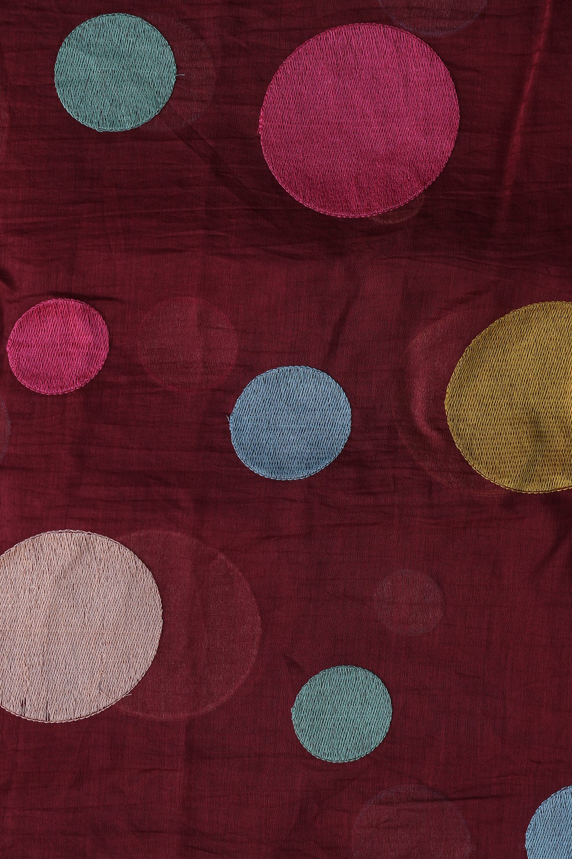 Multi Thread Circle Embroidery On Maroon Pure Mul Chanderi Silk Fabric