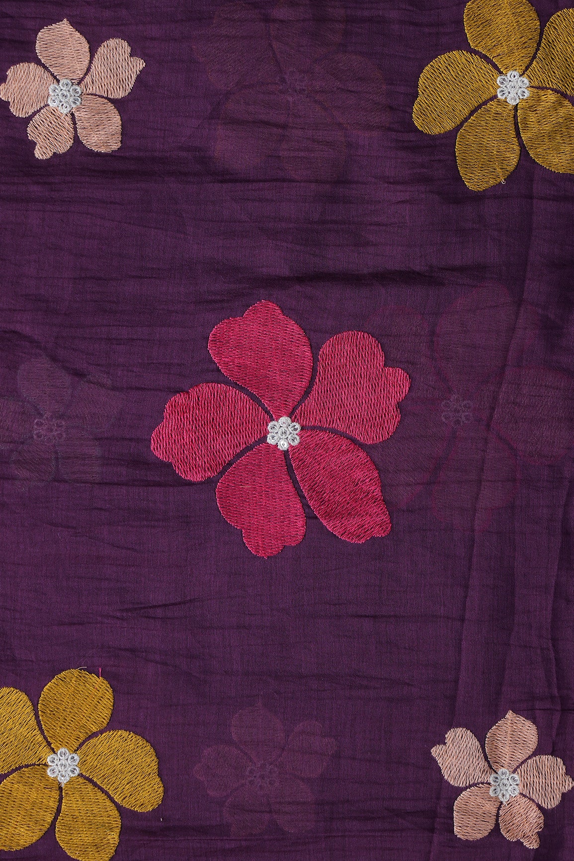 Multi Thread Flower Embroidery On Purple Pure Mul Chanderi Silk Fabric