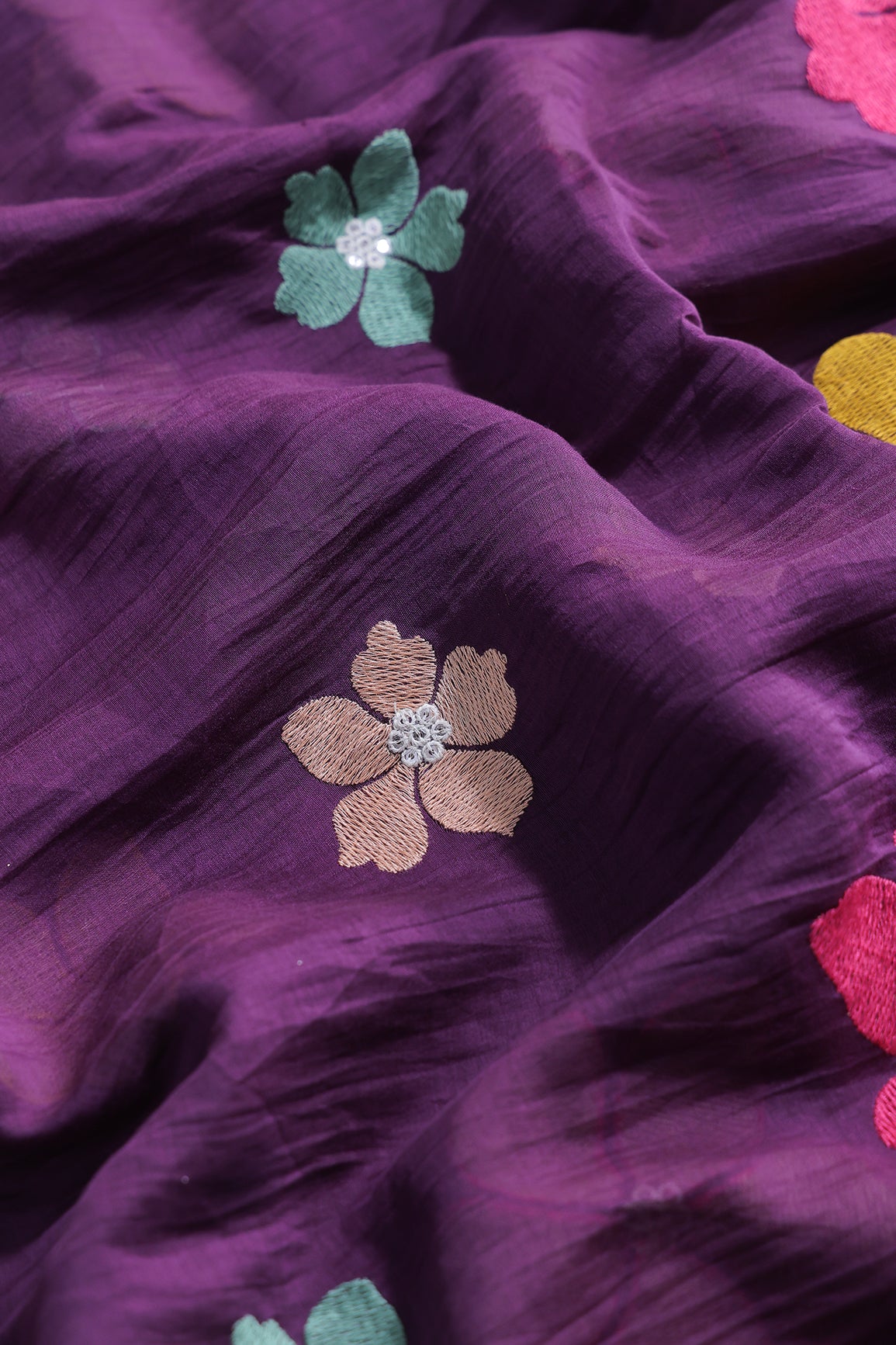 Multi Thread Flower Embroidery On Purple Pure Mul Chanderi Silk Fabric