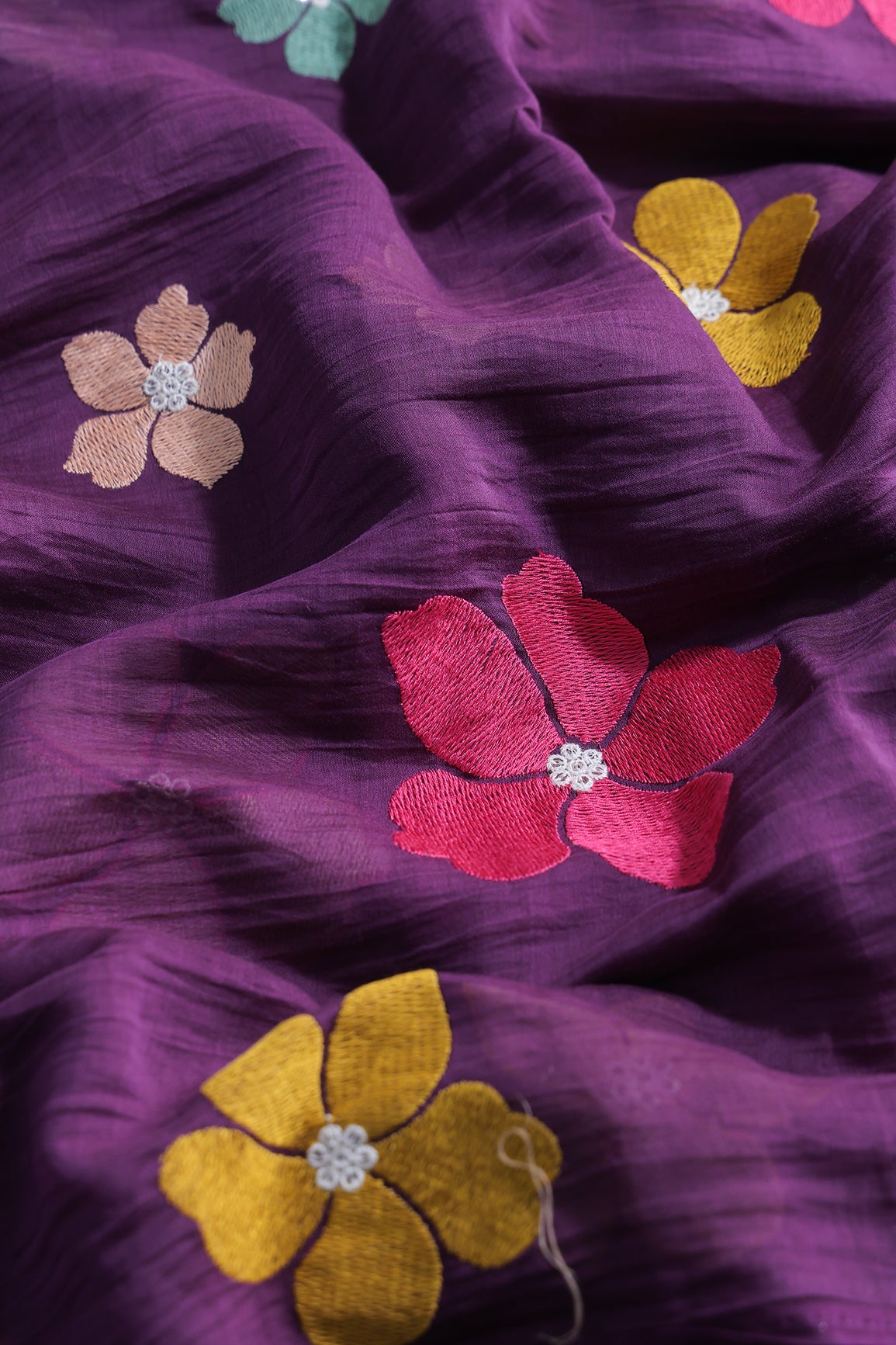 Multi Thread Flower Embroidery On Purple Pure Mul Chanderi Silk Fabric