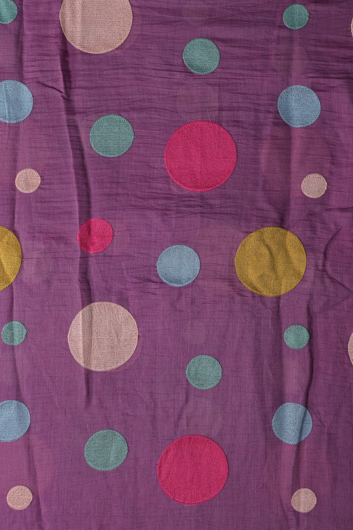 Multi Thread Circle Embroidery On Lavender Pure Mul Chanderi Silk Fabric