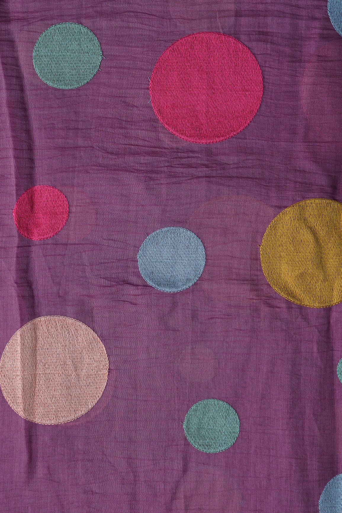 Multi Thread Circle Embroidery On Lavender Pure Mul Chanderi Silk Fabric