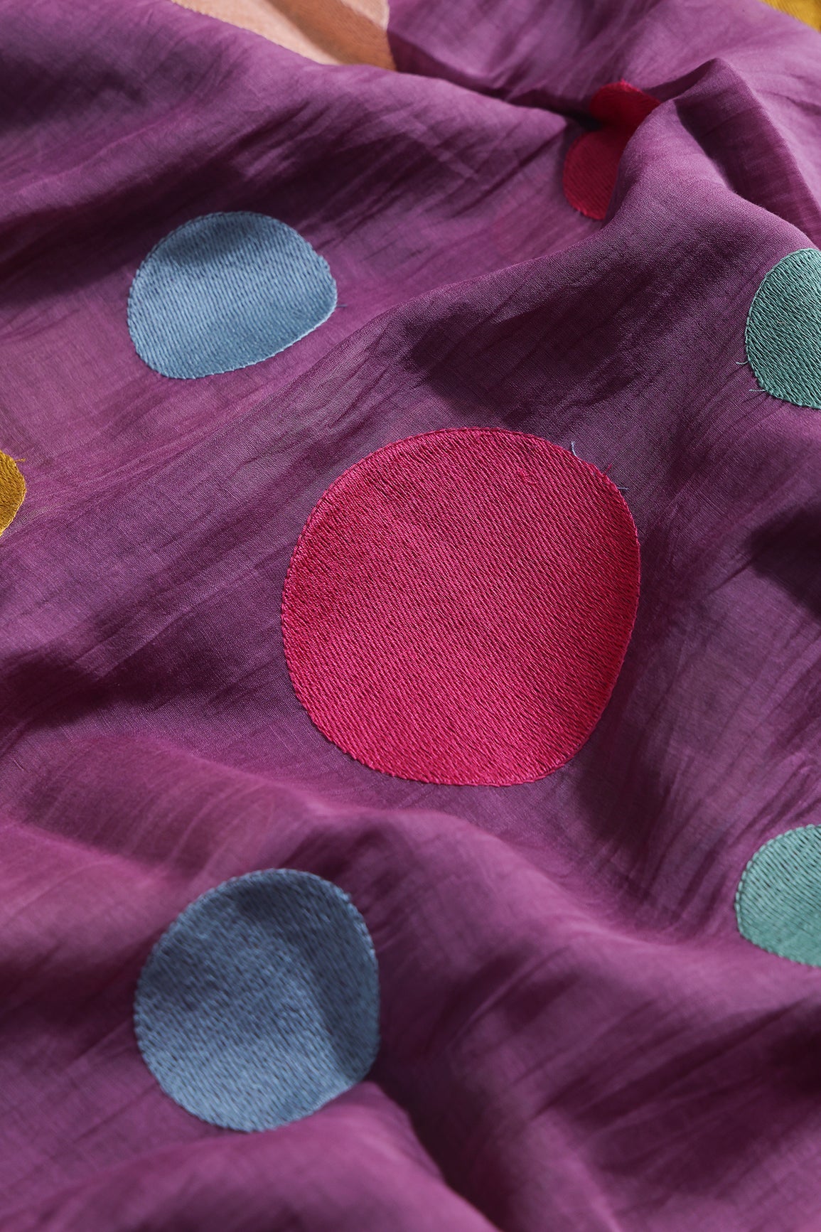 Multi Thread Circle Embroidery On Lavender Pure Mul Chanderi Silk Fabric