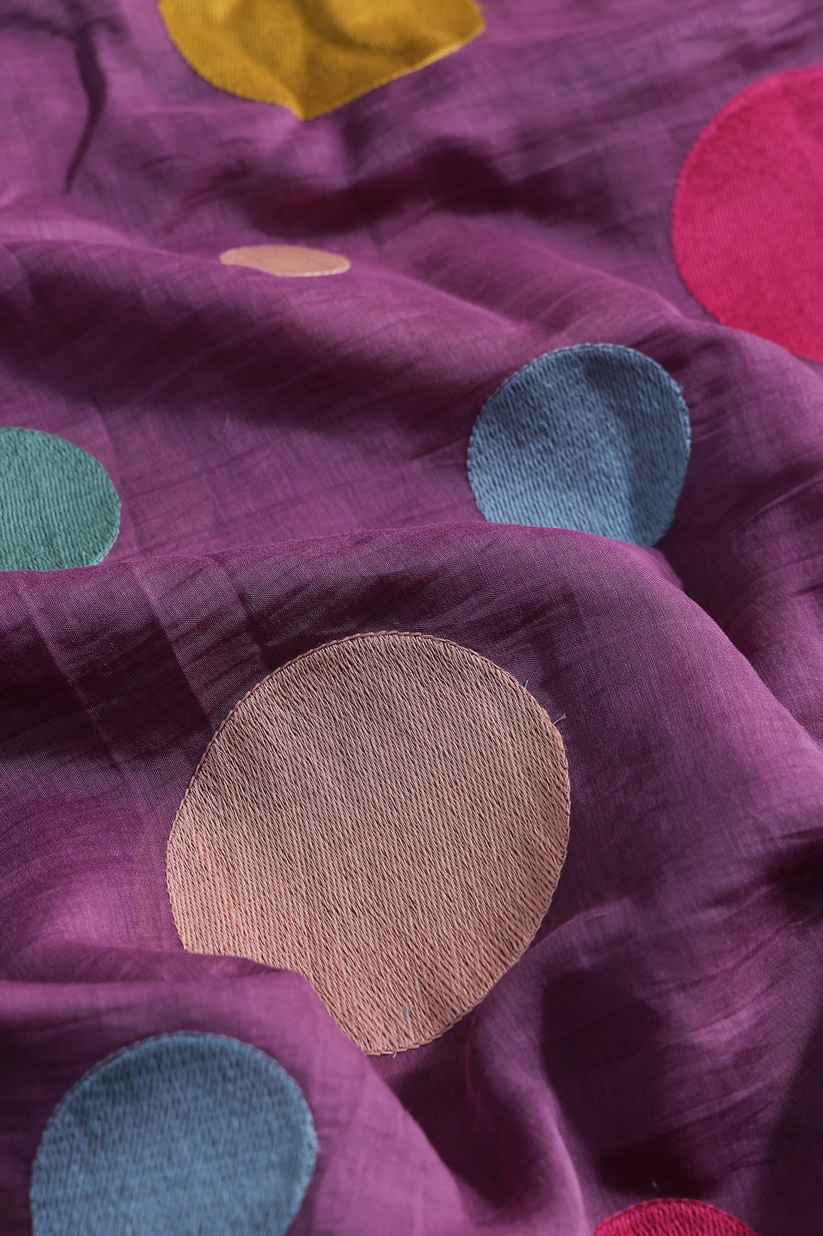 Multi Thread Circle Embroidery On Lavender Pure Mul Chanderi Silk Fabric