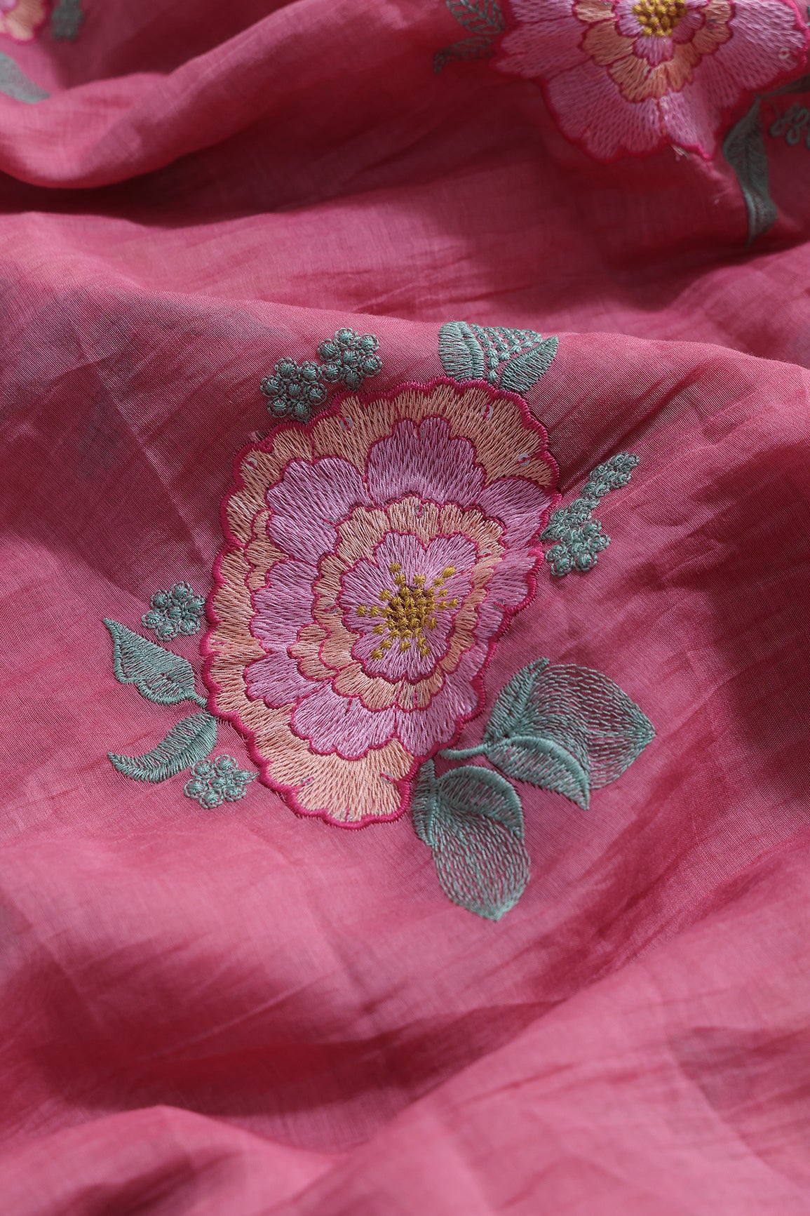 Multi Thread Big Flower Embroidery On Gajri Pure Mul Chanderi Silk Fabric