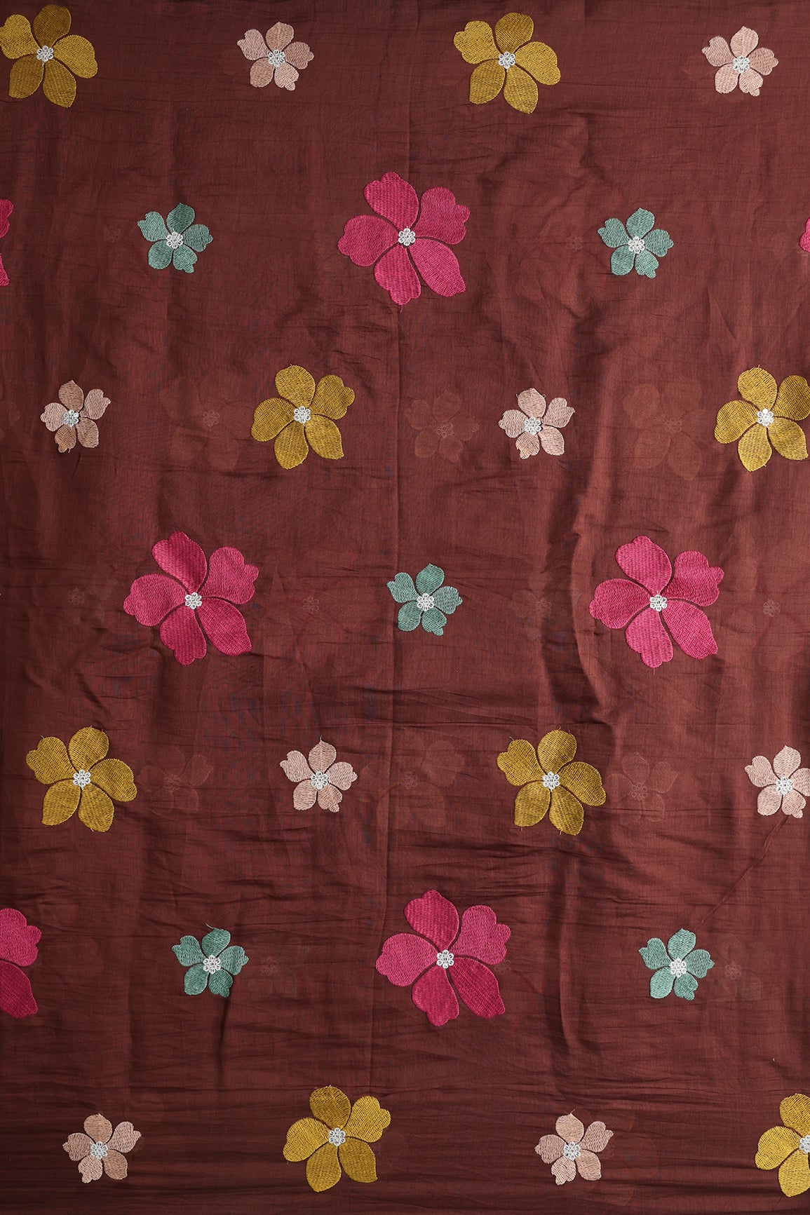 Multi Thread Flower Embroidery On Brown Pure Mul Chanderi Silk Fabric