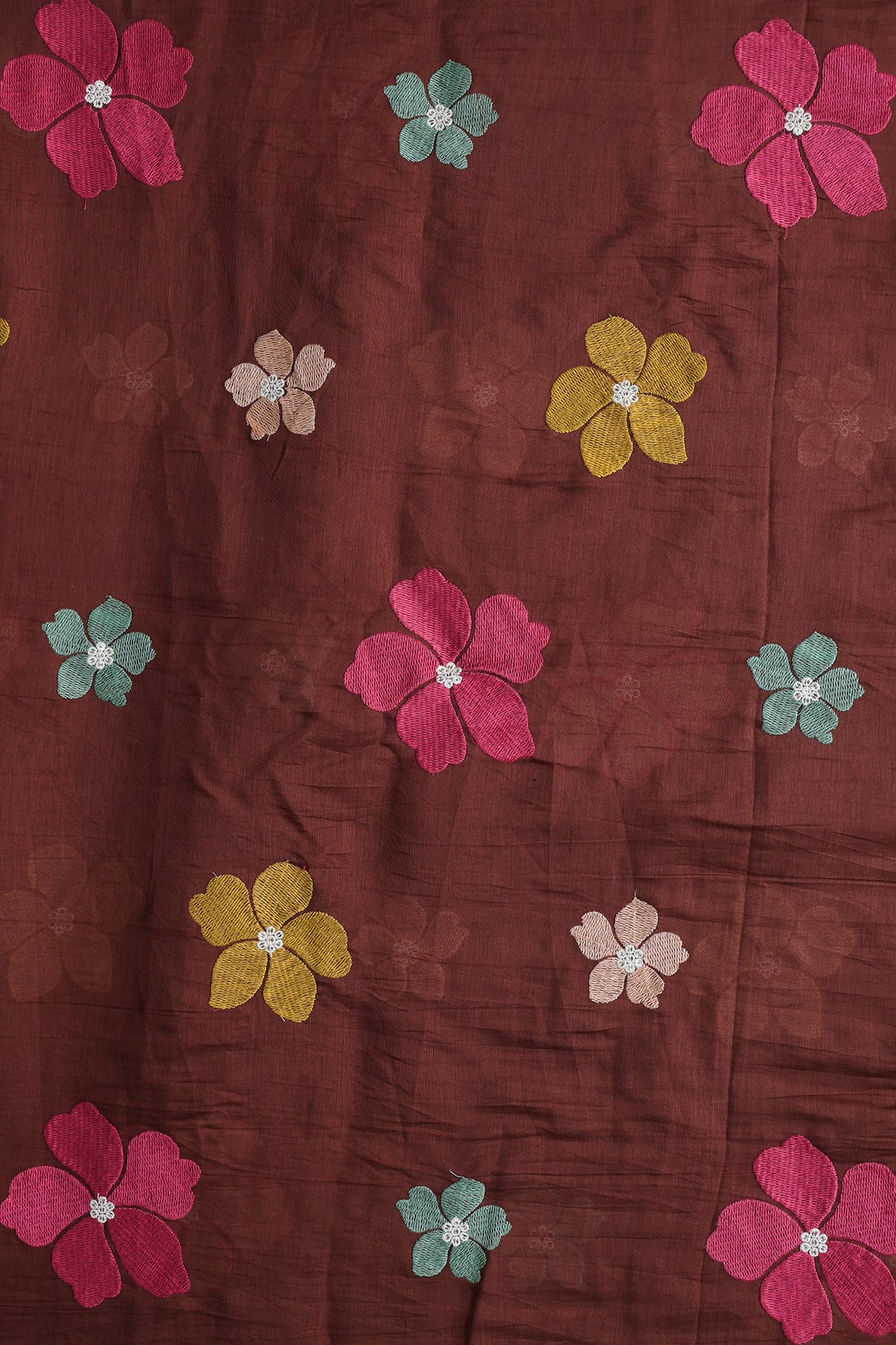 Multi Thread Flower Embroidery On Brown Pure Mul Chanderi Silk Fabric