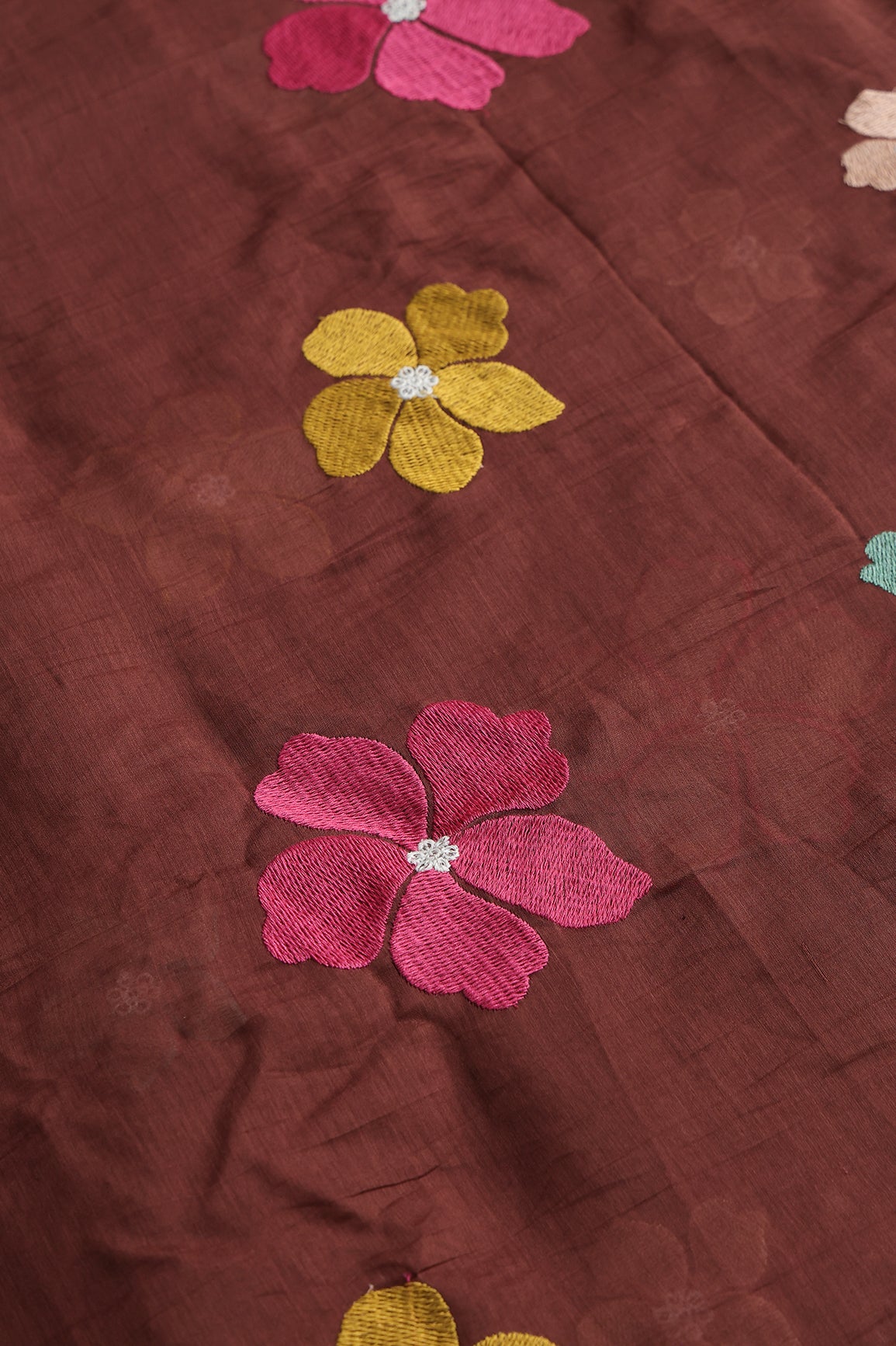 Multi Thread Flower Embroidery On Brown Pure Mul Chanderi Silk Fabric